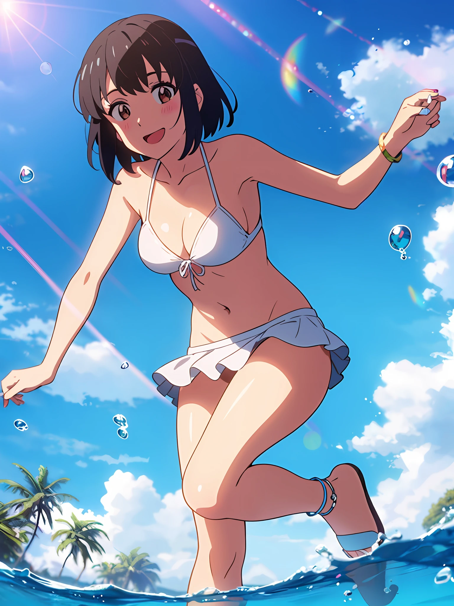 shinkai makoto, kimi no na wa., 1girl, bangs, black hair, brown eyes, headband, red headband, anklet, short hair, smile, pool, outdoors, splashing, summer, shadow, solo, day, open mouth, blush, looking at the viewer, cowboy shot, blue sky, happy, cloudy_sky, sunlight, bikini, white bikini, short skirt, masterpiece, beach, sand, ocean, palm tree, island, bubble, lens_flare, masterpiece, innertube,