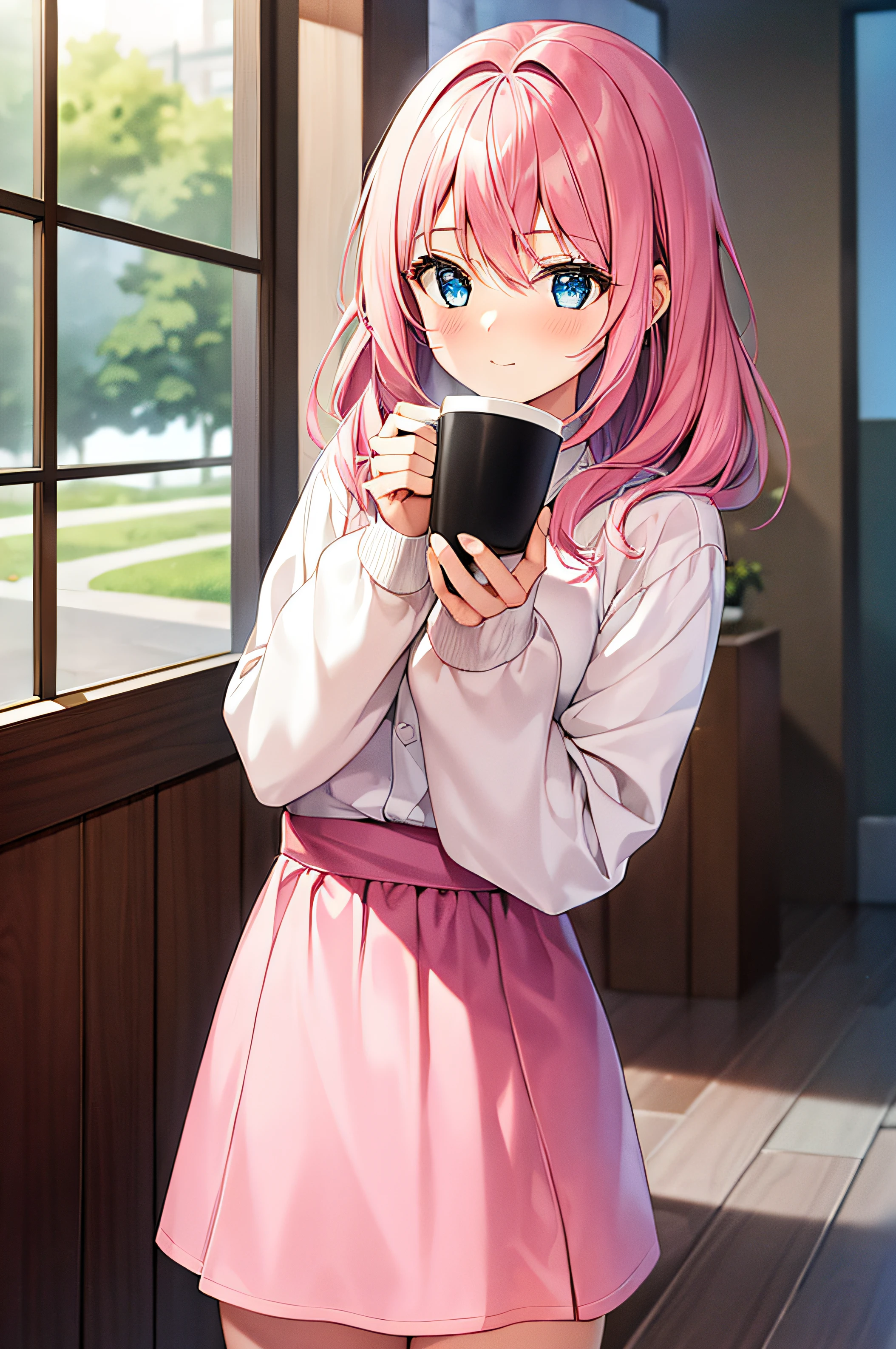 1girl in,Pink hair,drinking a cup of coffee