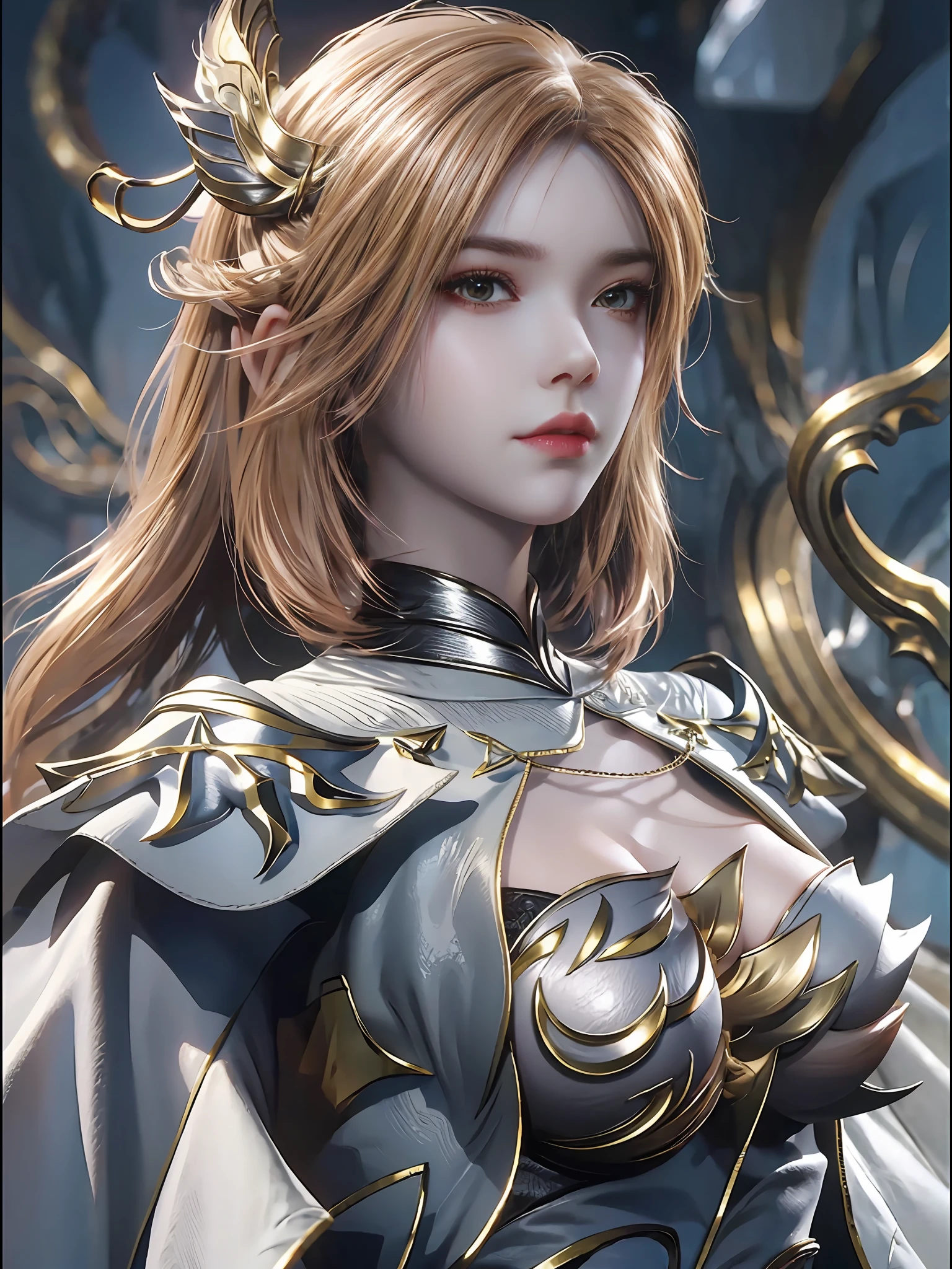 Close-up of a woman wearing a silver-blue miniskirt and long legs，Cheng Weipan Art Station，Xiuxian sense of technology，Ice Beauty，Gauze sleeves，detailed fantasy art，Stunning character art，Epic and refined character art，Beautiful armor，Extremely detailed artistic germination，Detailed digital anime art, Artgerm on the art station Pixiv，Armor Girl，Sophisticated headwear and jewelry 8k，Bigchest，Park Road，Long legs，