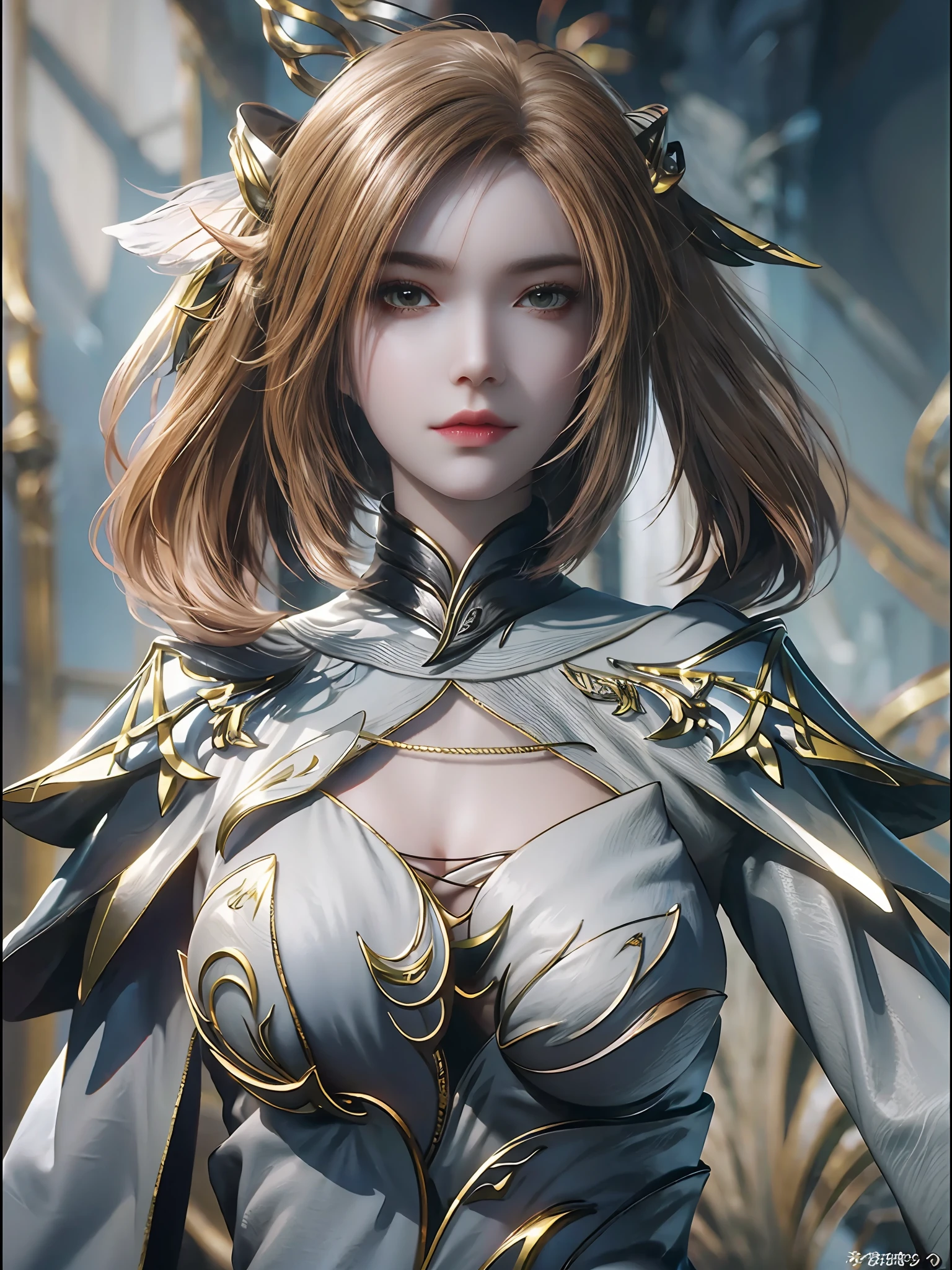 Close-up of a woman wearing a silver-blue miniskirt and long legs，Cheng Weipan Art Station，Xiuxian sense of technology，Ice Beauty，Gauze sleeves，detailed fantasy art，Stunning character art，Epic and refined character art，Beautiful armor，Extremely detailed artistic germination，Detailed digital anime art, Artgerm on the art station Pixiv，Armor Girl，Sophisticated headwear and jewelry 8k，Bigchest，Park Road，Long legs，
