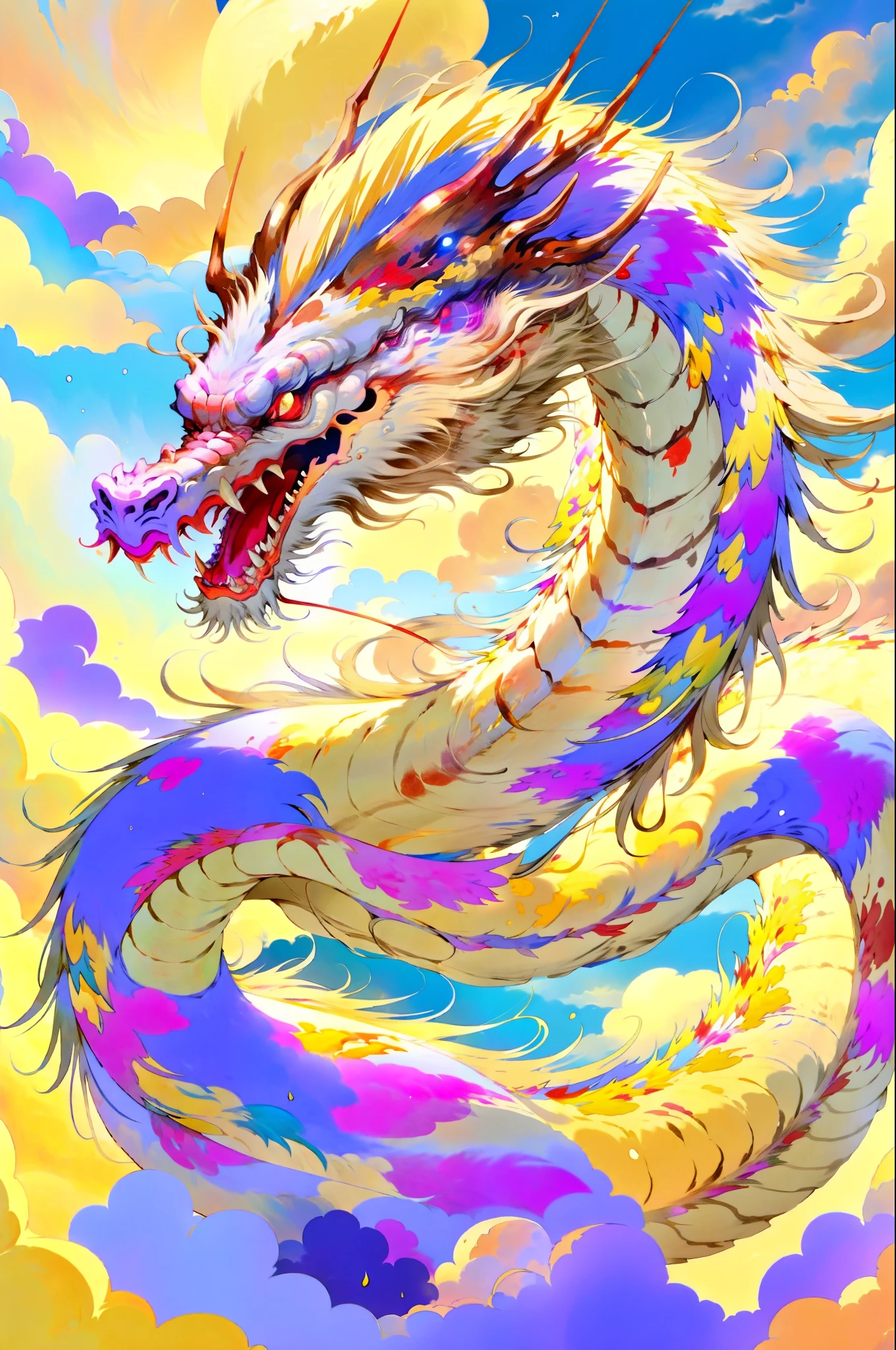 Best quality at best，tmasterpiece，超高分辨率，（The long：1.2），No Man，red eyes，salama，dark cloude（Light the horn），with her mouth open，Skysky，fang，a Oriental Dragons，mostly cloudy sky，teeth，fly in sky，rained，