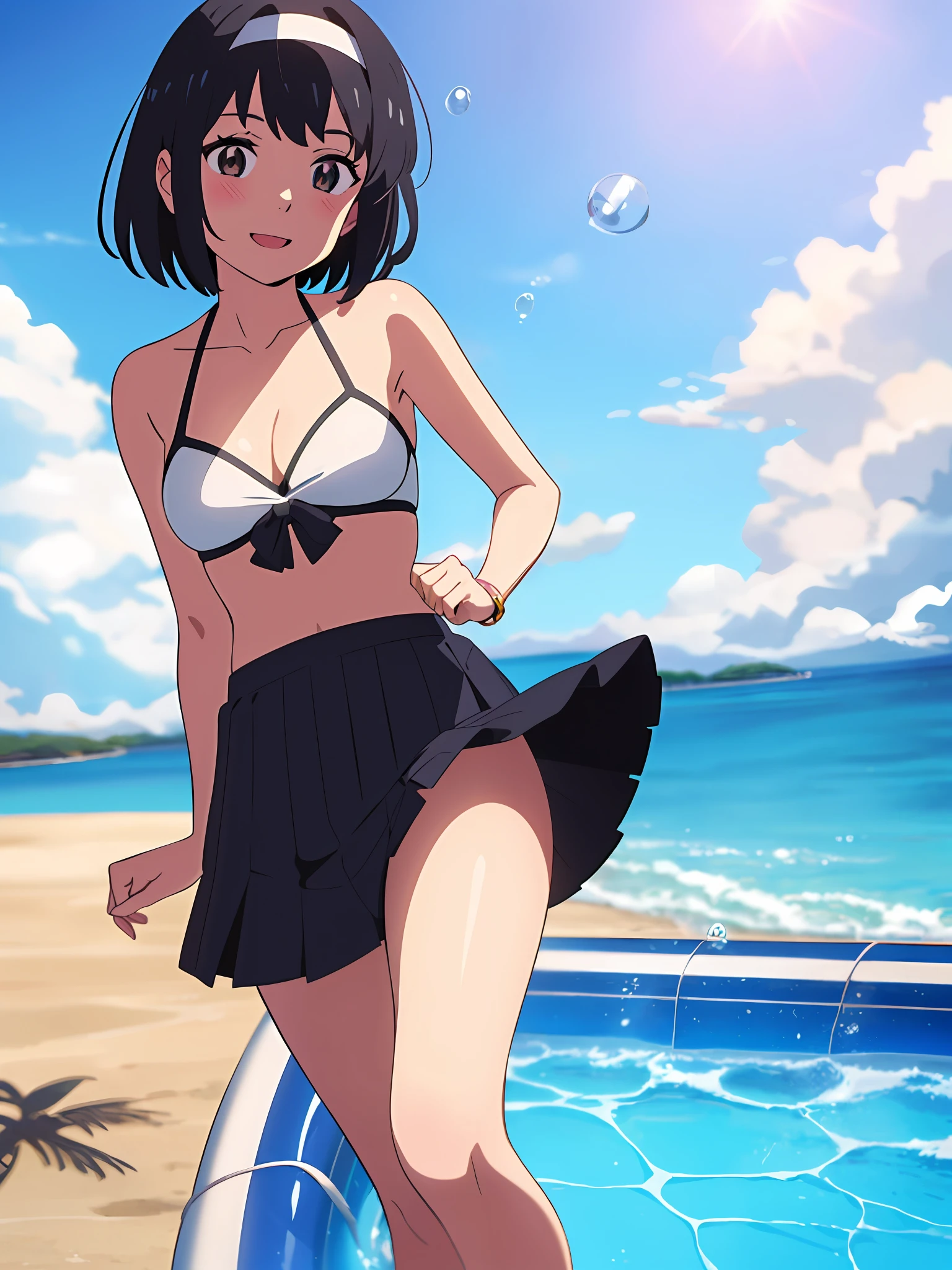 shinkai makoto, kimi no na wa., 1girl, bangs, black hair, brown eyes, headband, red headband, anklet, short hair, smile, pool, outdoors, splashing, summer, shadow, solo, day, open mouth, blush, looking at the viewer, cowboy shot, blue sky, happy, cloudy_sky, sunlight, bikini, white bikini, short skirt, masterpiece, beach, sand, ocean, palm tree, island, bubble, lens_flare, masterpiece, innertube,