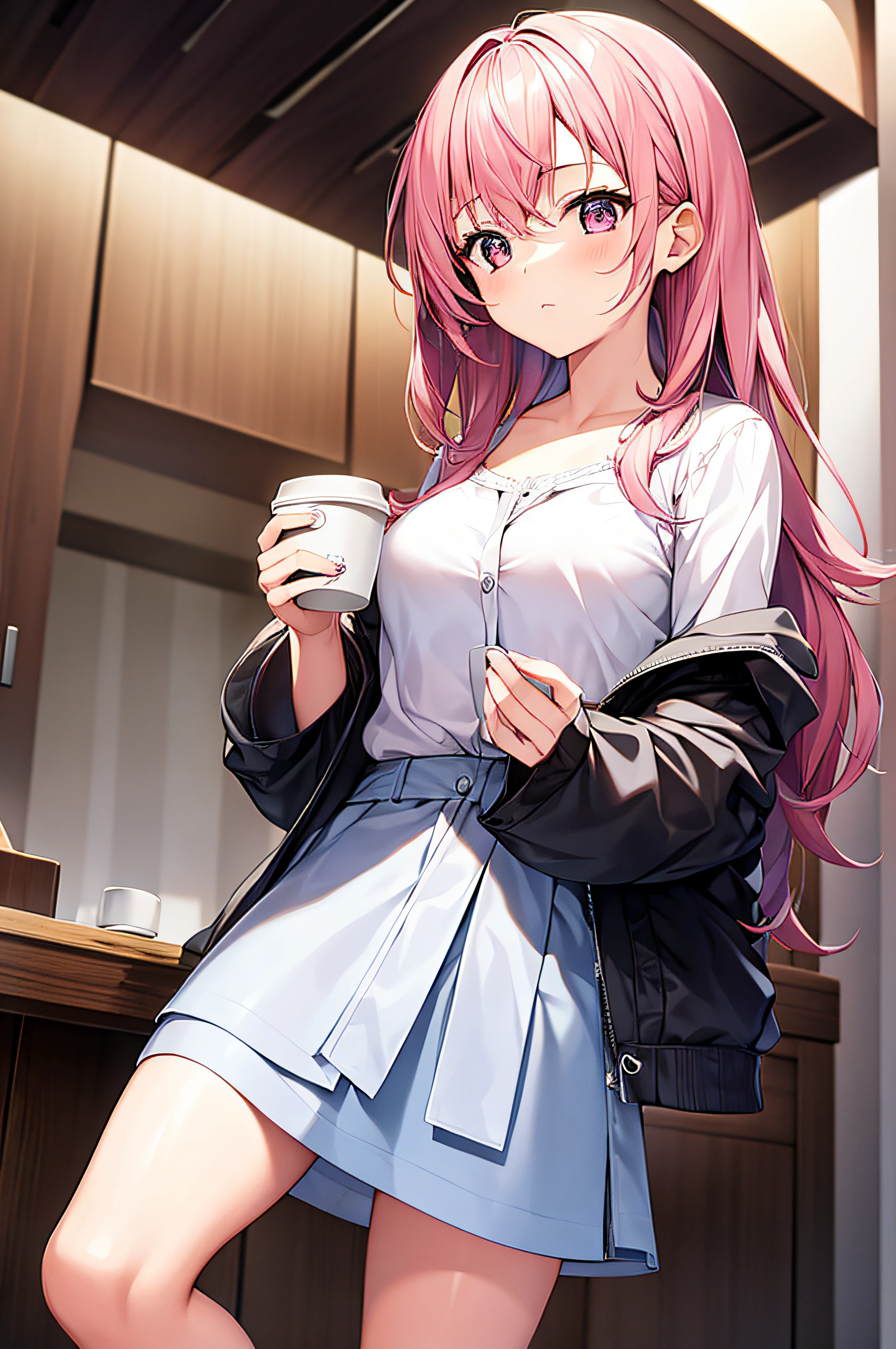 1girl in,Pink hair,drinking a cup of coffee