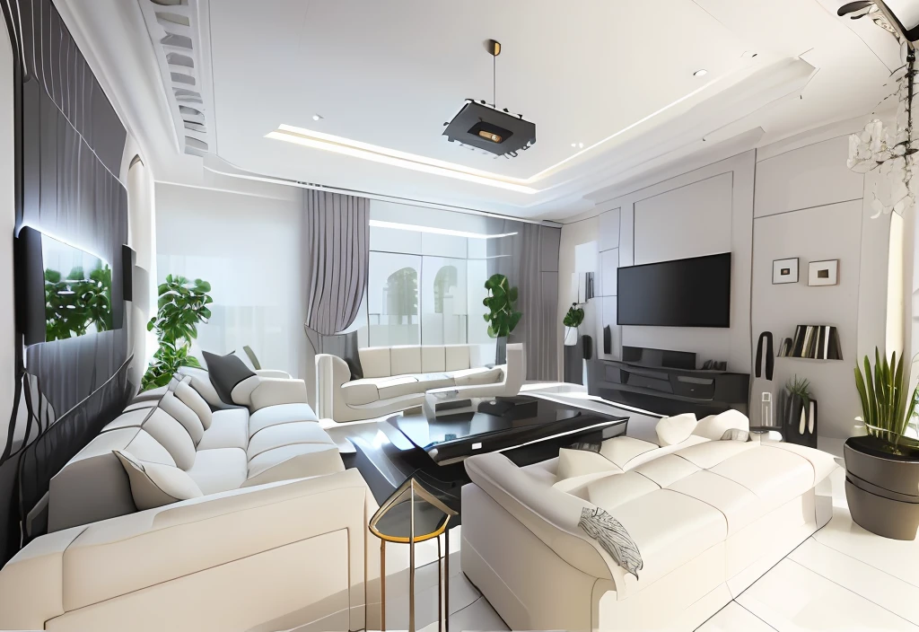 Aalfede diagram in living room with sofa, A TV and a flat-screen TV, precise architectural rendering, interior living room, 3 d rendered, 3D rendering of, sketch illustratio, building rendering, crisp detailed 3 d render, living room interior, living room interior, CG rendering, interior design background, detailed renderings, Detailed rendering,Modern light luxury style,Gray floor tiles,White stone video wall
