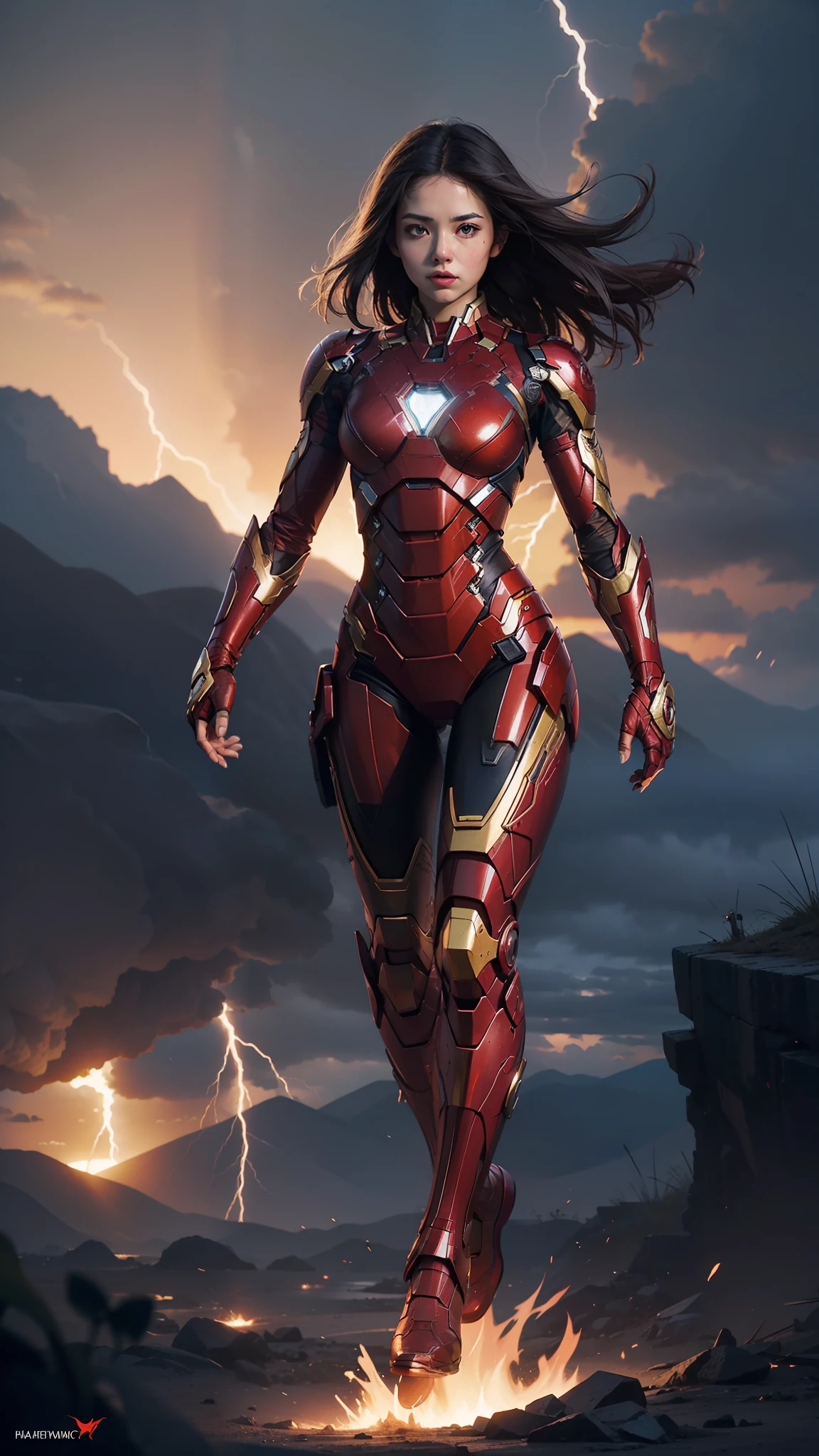 8K high-definition,Best quality, 超A high resolution, Highly detailed,intricately details,Masterpiece,Ultra-detailed,illustration,A high resolution,Soft light,
1 girl ,pretty face,Sexy figure,with short brown hair,C cup, Highly detailed full body dressed as Iron Man,Fly in the air like Iron Man,Feet in the air,Blue flames erupt from the soles of the feet,Blue flames erupt from the palms,cinematic body shot, cinematic full body shot, Cinematic,Flying,dark stormy clouds,Lightning,Meteor Fall,volcano exploding, A doomsday scene,depth of fields,Complicated details, Hyper-detailing, Masterpiece, hdr, Sharp focus, High quality, filmgrain,Be brave and strong。