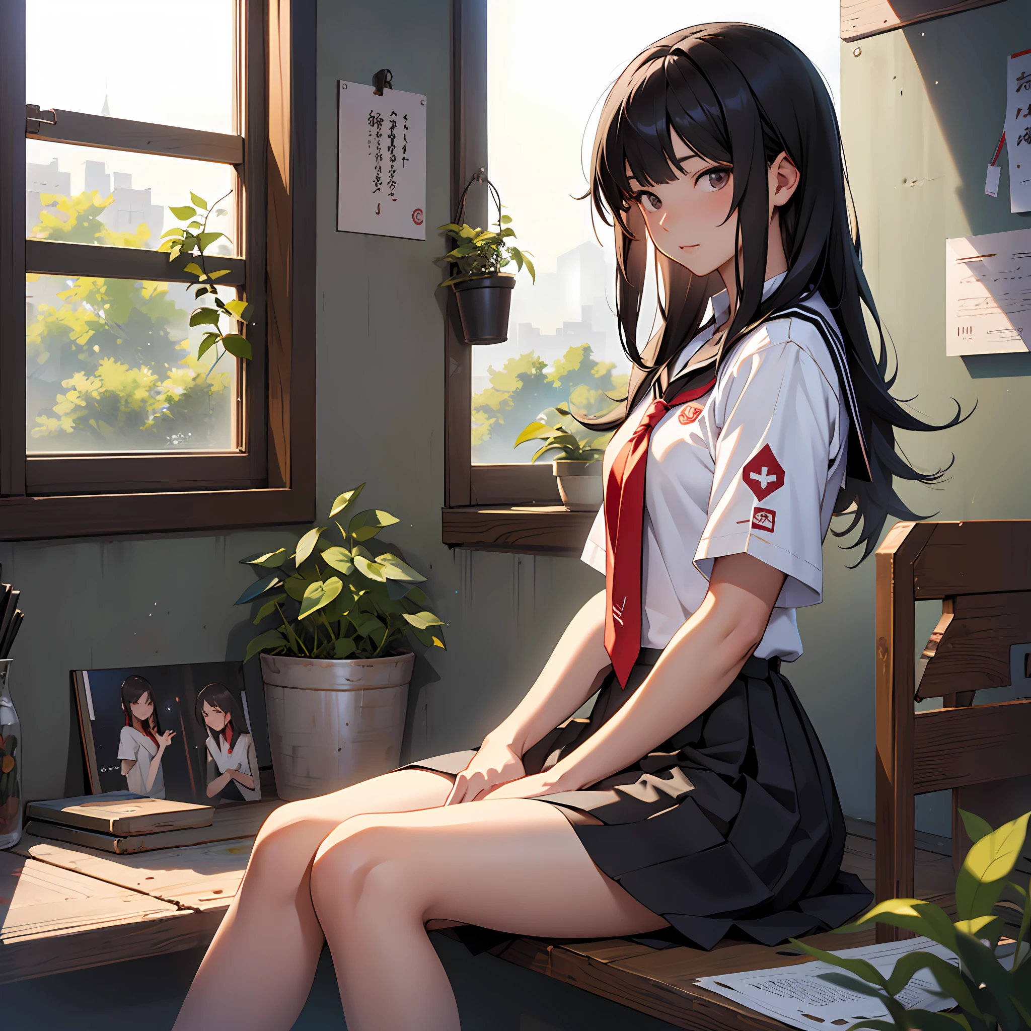 The long-haired Arad woman sits on the windowsill,holding a camera, chiho, sakimichan, seifuku, shikamimi, IU, Yan, Very, very high quality pictures, Yoshitomo Nara, inspired by Ma Yuanyu, She has black hair,By bangs, ruan jia beautiful!, xintong chen --auto