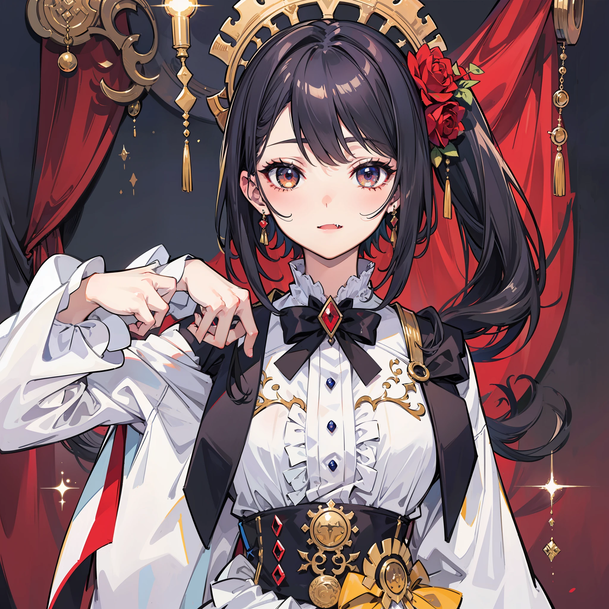 best qualtiy，Need，tmasterpiece，Very detailed，sportrait，one-girl，Vampires，White double ponytail，Fang，whaite hair，opulent，face to the viewer