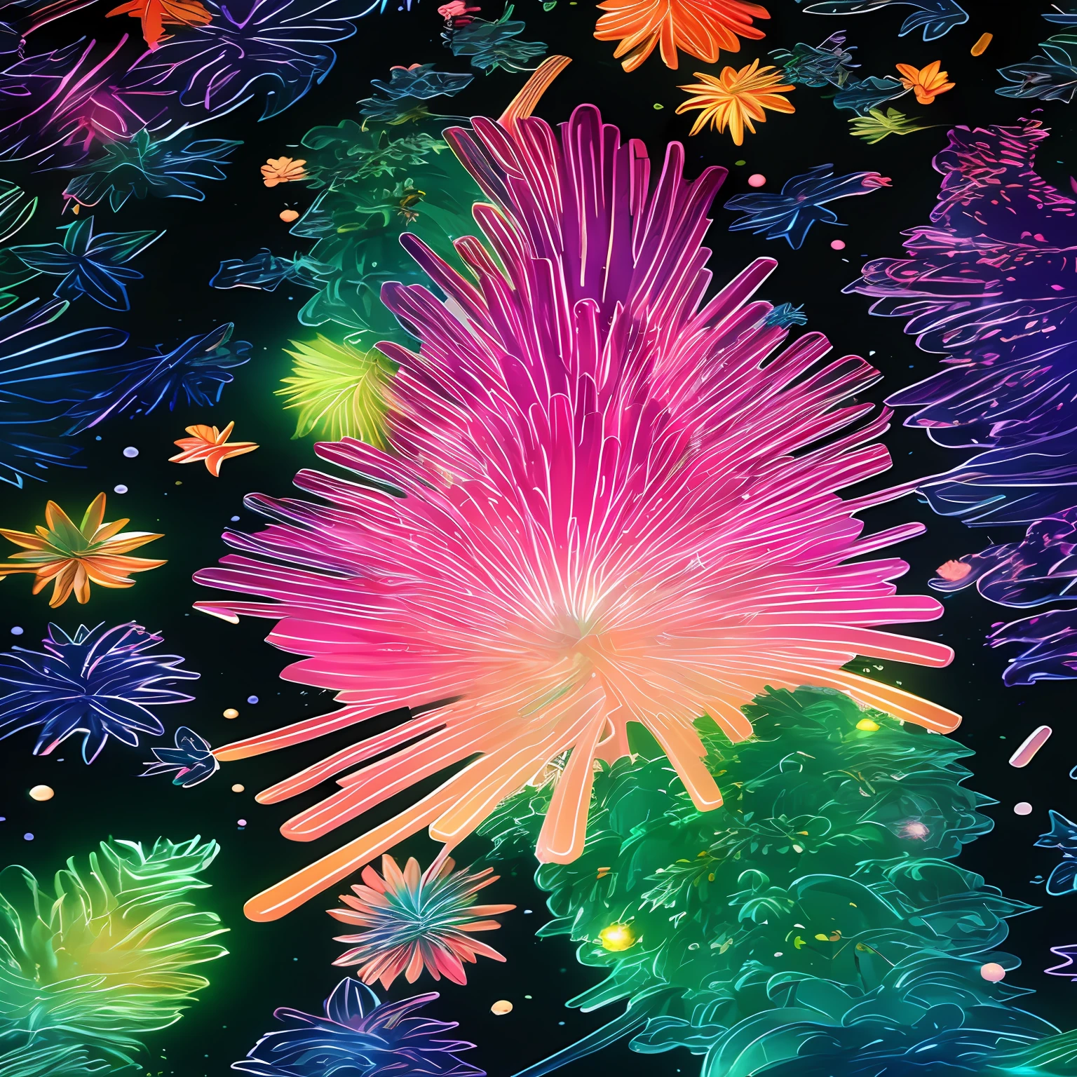 Colorful flowers and leaves on black background, Radiating atoms neon coral, Colorful explosion, psychedelic lush pine forest, Colorful explosions, psychedelic vegetation, psychedelic forest, Colorful alien flora, psychedelic illustrations, Colored ferrofluidic armor, An explosion of colors, psychedelic flowers and trees, cosmic tree, Colorful illustration, lsd visuals, Color explosion, procreate illustration