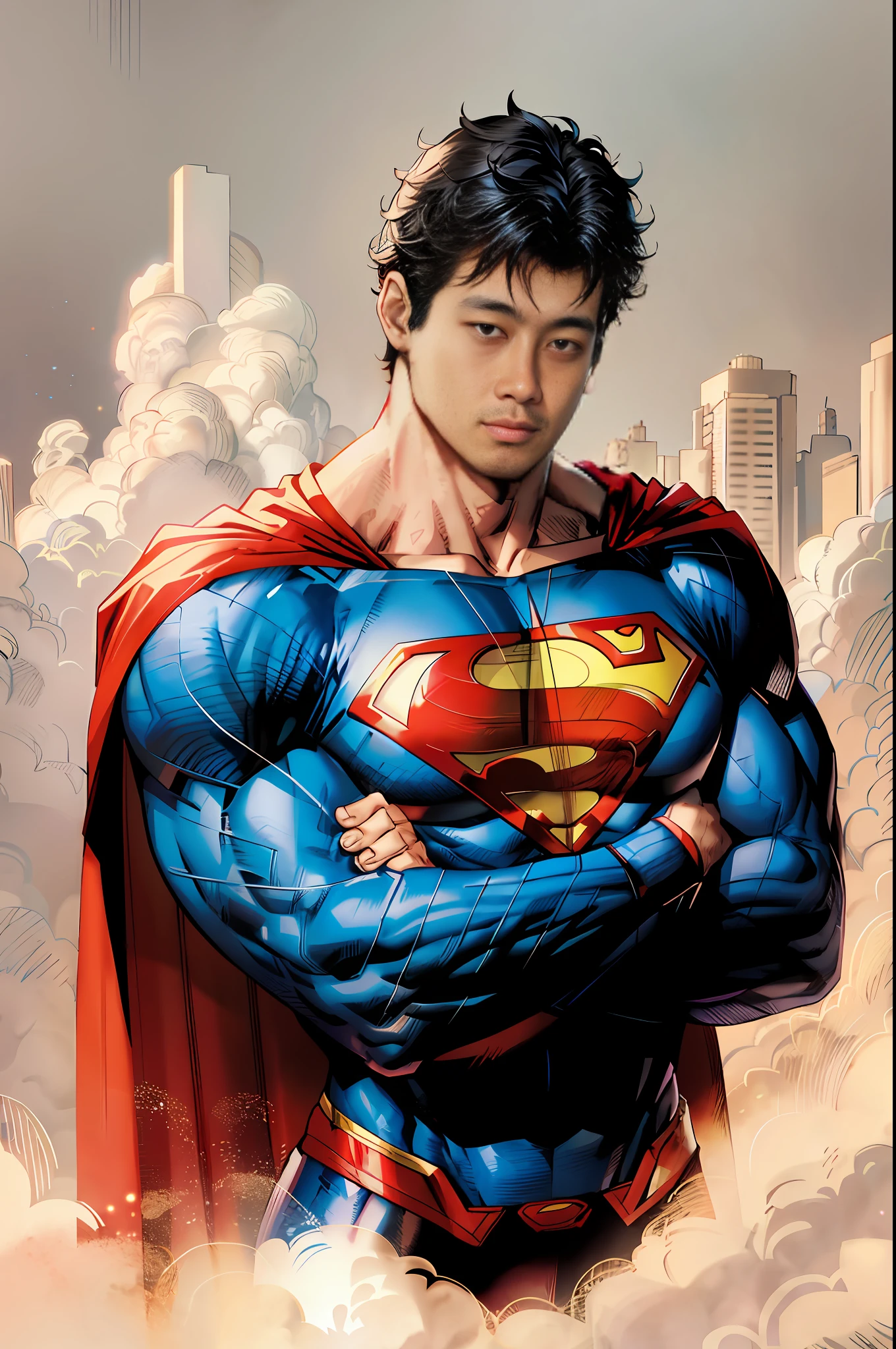 jim lee, 1boy, superman abs, bara, black hair, blue bodysuit, blue eyes, bodysuit, cape, closed mouth, crossed arms, large pectorals, male focus, muscular, muscular male, pectoral lift, pectorals, red cape, short hair, simple background, solo, superhero, upper body,flat style , ((masterpiece))