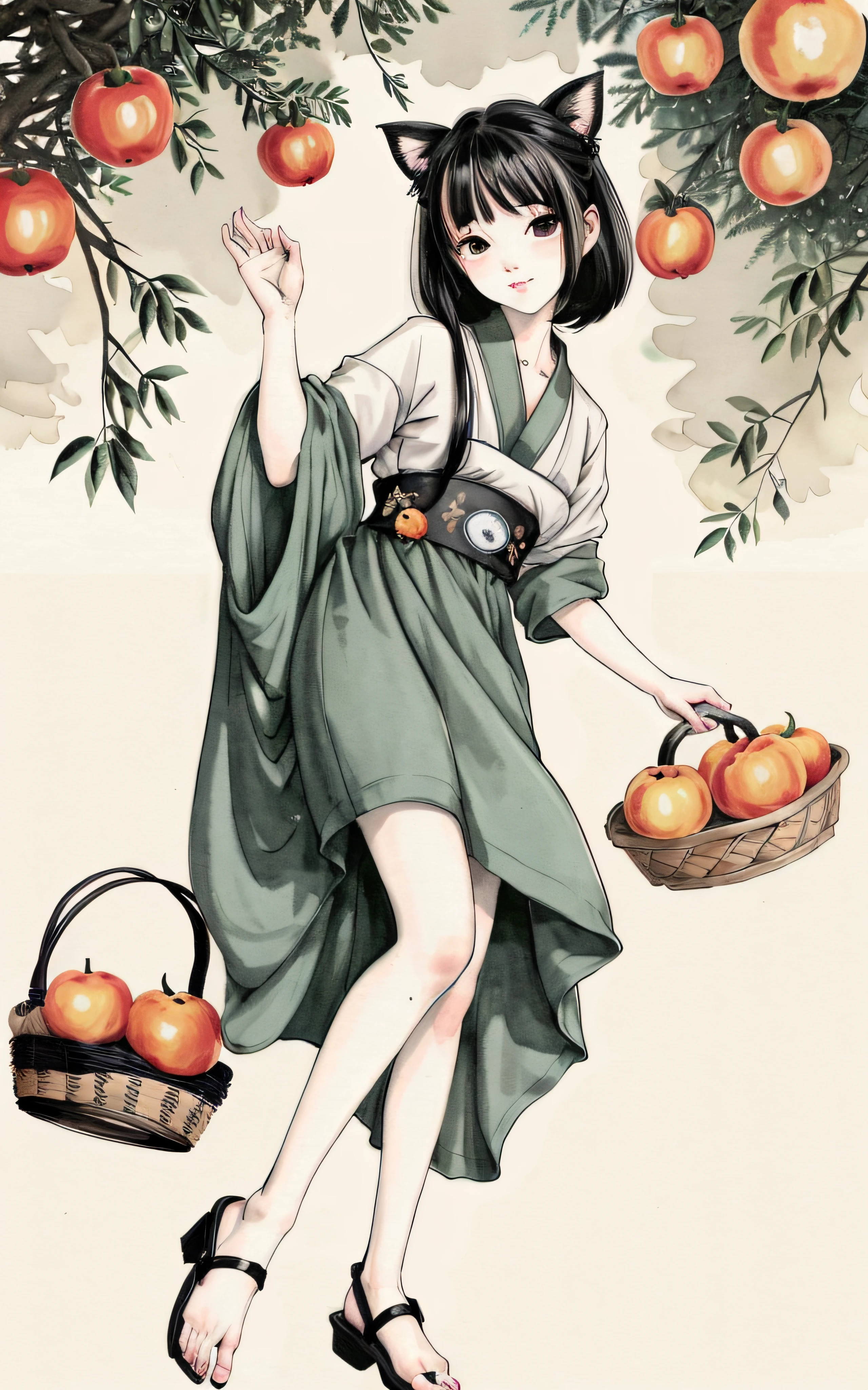 (Masterpiece, Best quality:1.2), Traditional Chinese Ink Painting,Chinese Gongbi Painting,Cute boy,autumnal,Pick persimmons,There is a basket of persimmons under the tree,A mischievous kitten