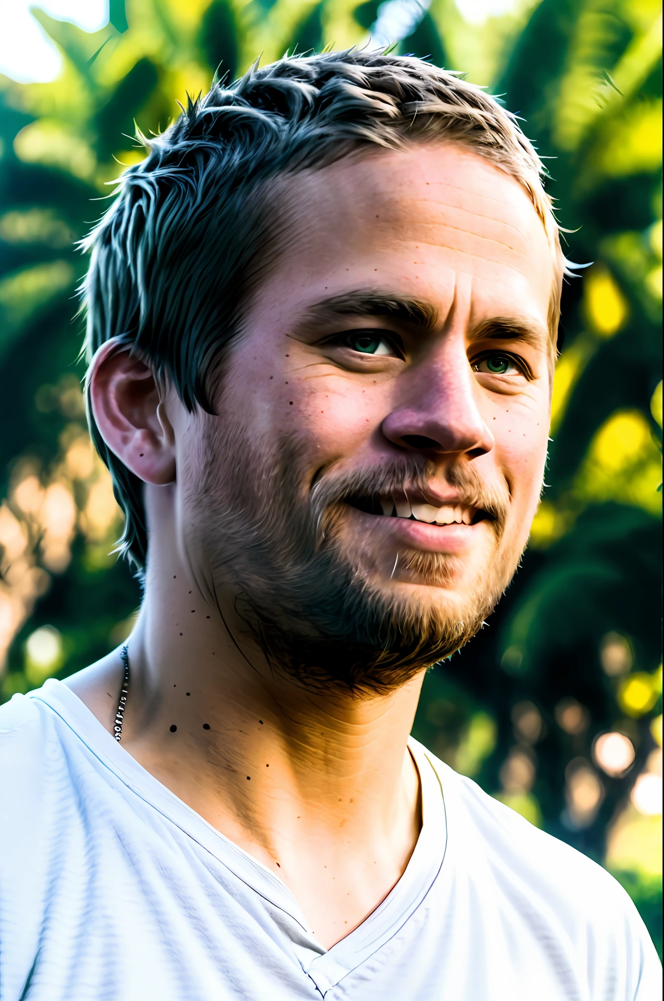 um homem branco, paul walker cabelo raspado , cinematic lighthing, rosto altamente detalhado, (close up), parte superior do corpo, RAW, 8K, UHD, [sorrindo:0.1], armado e perigoso