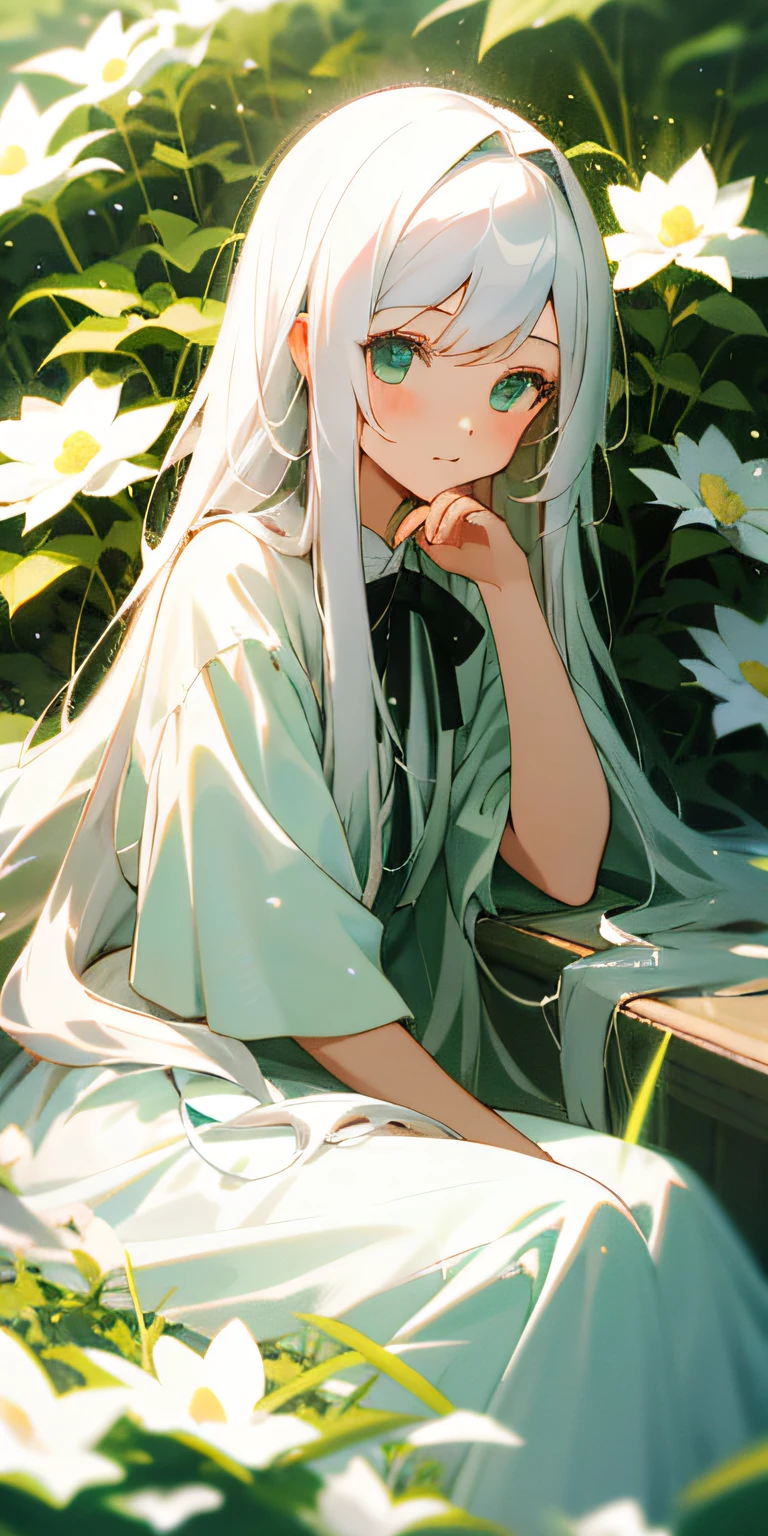 （tmasterpiece，best qualtiy），Girl with long white hair sitting in a sea of flowers in the green bush，Hand on chin，Warm lighting，White dress，blur foreground。