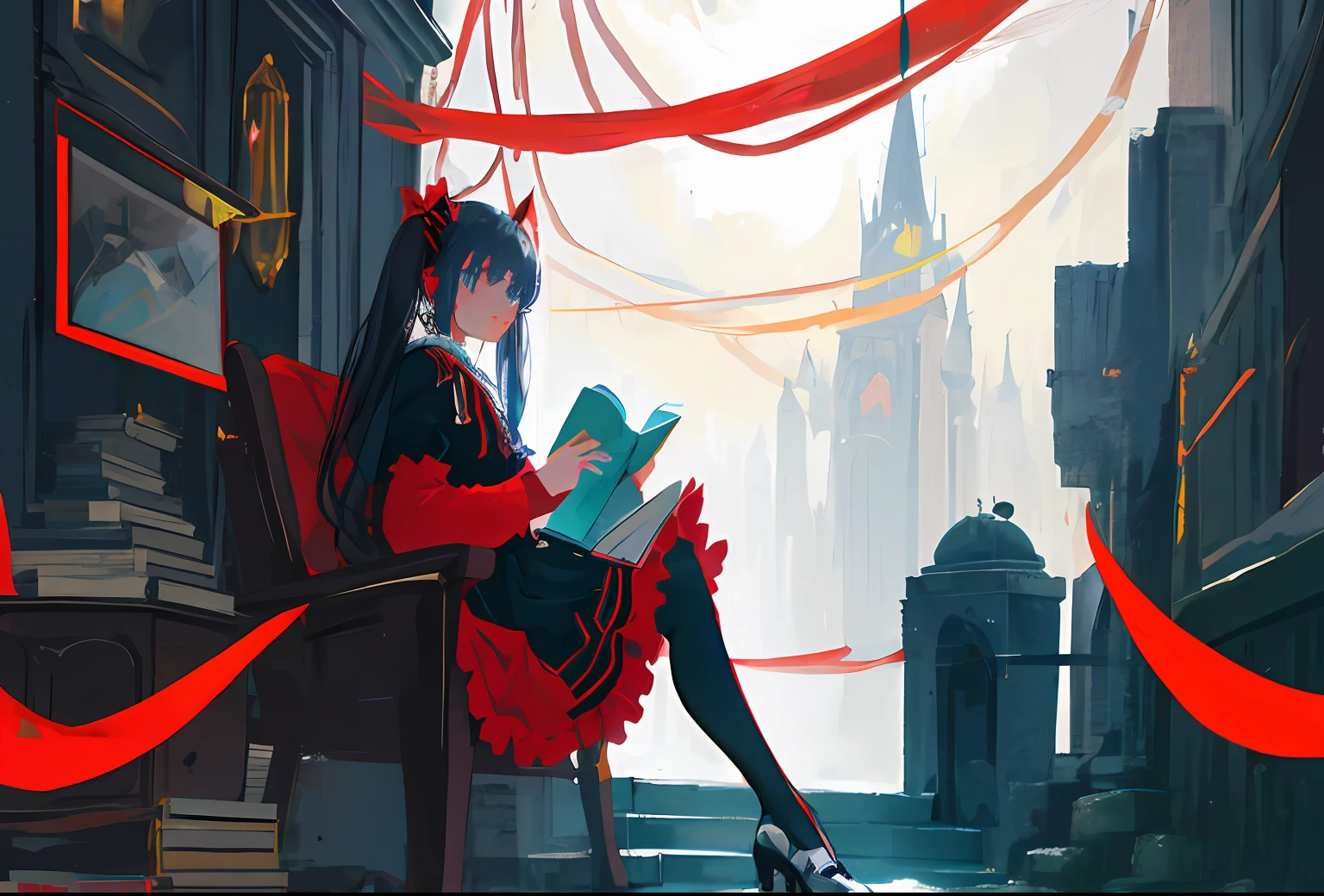 The flag is red on the base,Holding a book in one hand