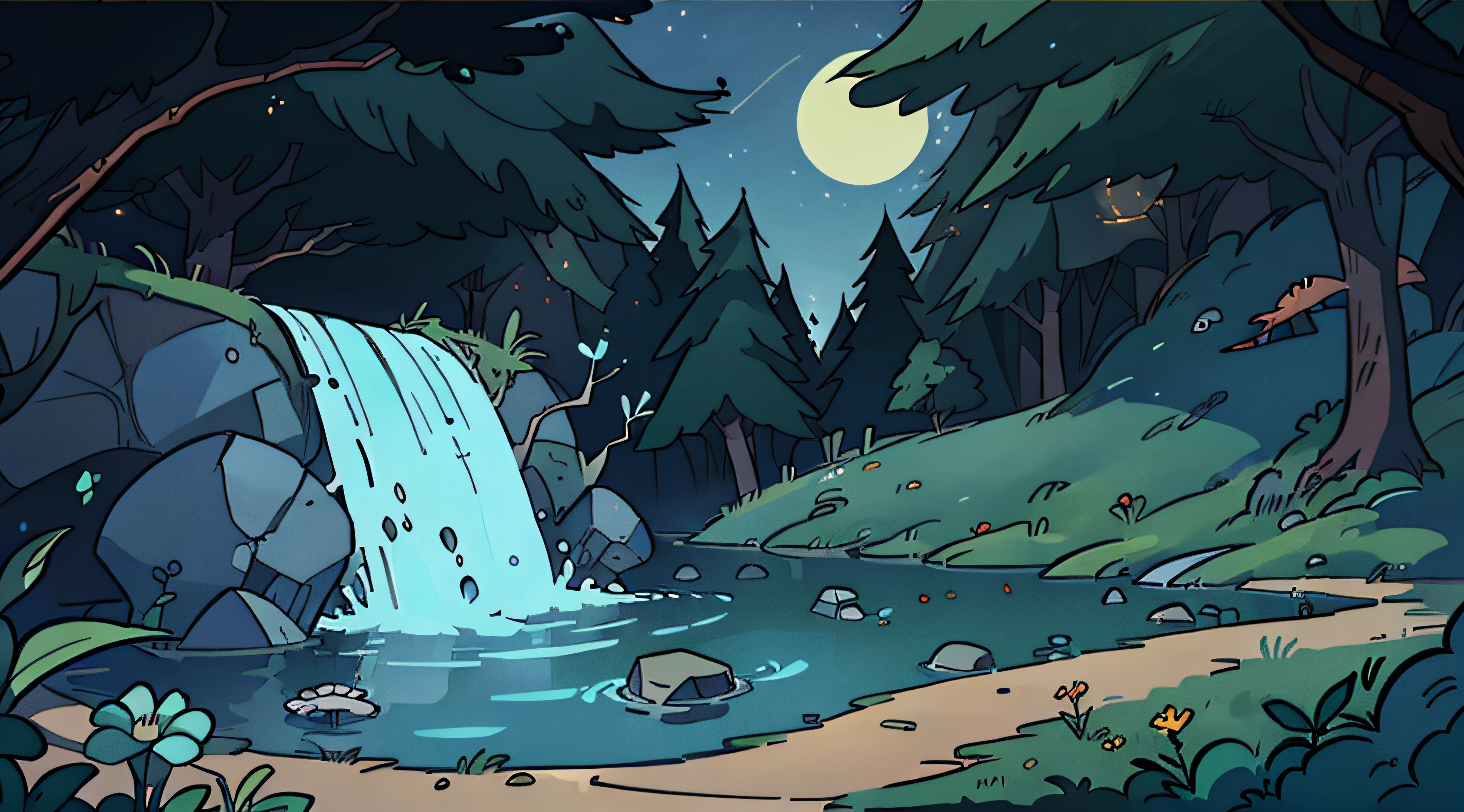 (floresta com um lindo lago de aguas cristalinas, estilo cartoon, no estilo de gravityfalls, melhor qualidade, 8k, no estilo de gravity falls)