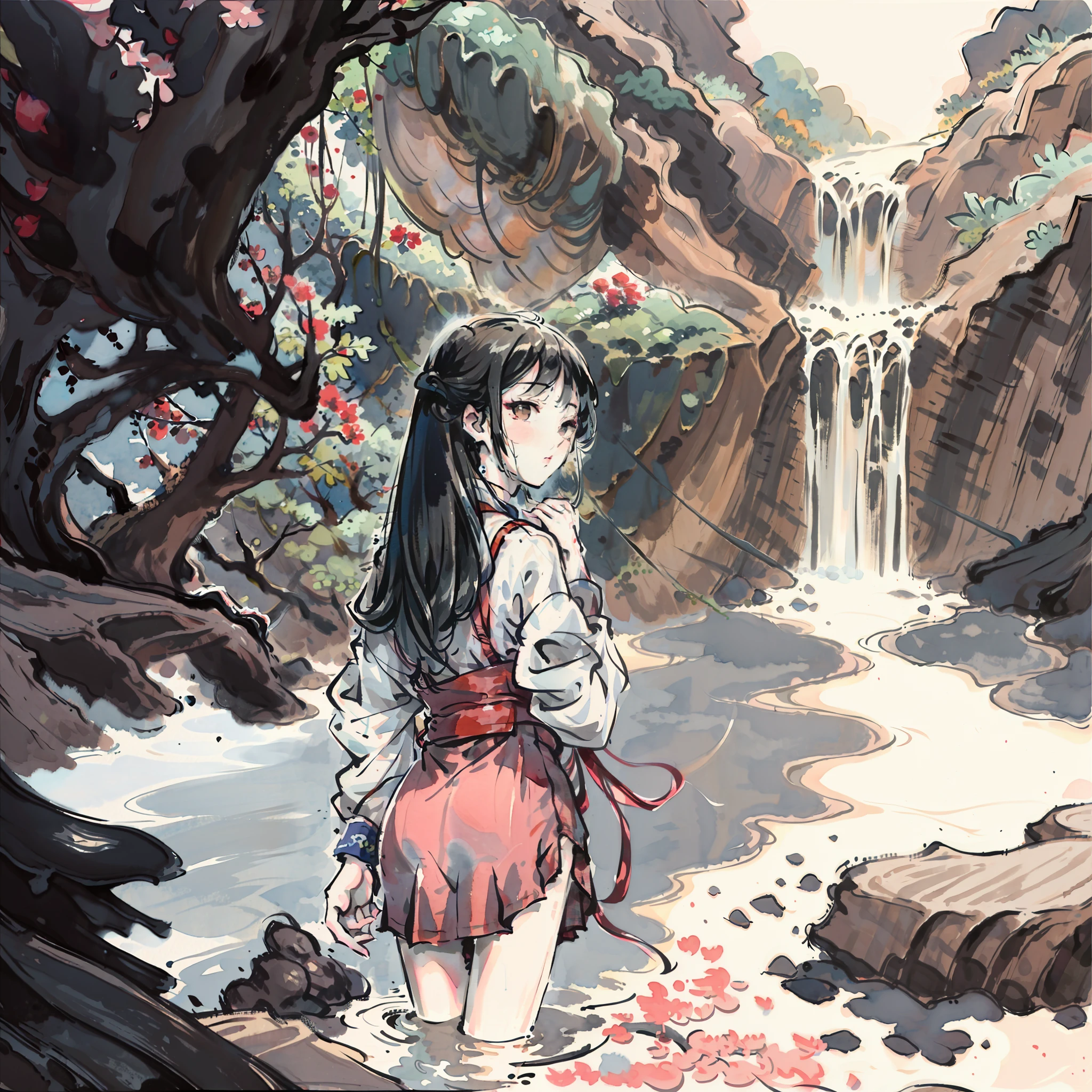 ​masterpiece、top-quality、ink and watercolor painting、Cute Girl Totsune、serene expressions、a wet lower body、Calm river near the waterfall、Spreading greenery