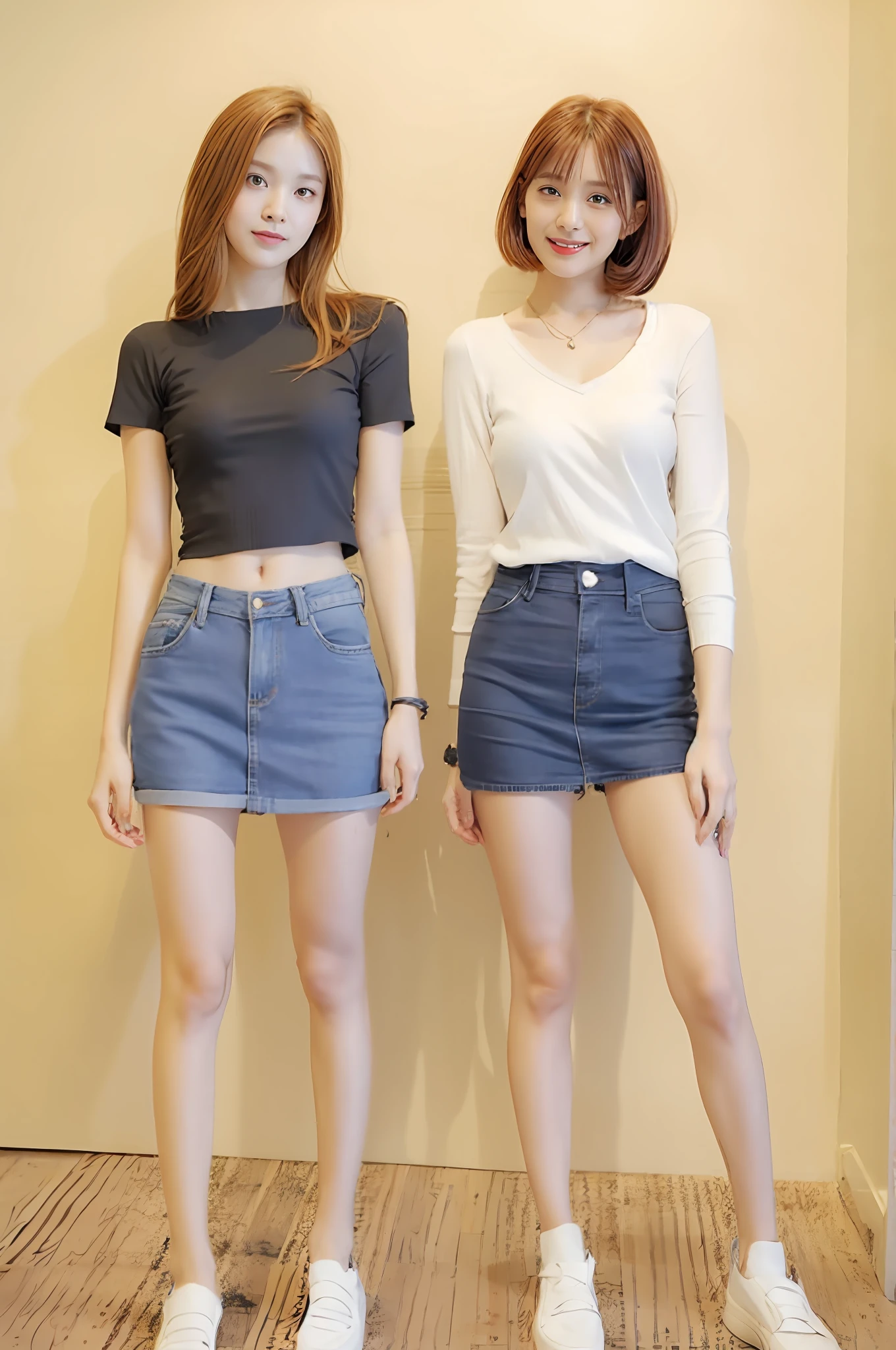 Two women stand side by side in a room, mini jeans skirt, short jeans pants, wearing tight simple clothes, mini-skirts, photo of slim girl model, denim short, hot pant, Miniskirt, skinny waist and thick hips, short miniskirt, denim hot-pants, Tall and slim, short skirt length, Big breasts Thin waist,Intimate relationships,Playful and cute pose
