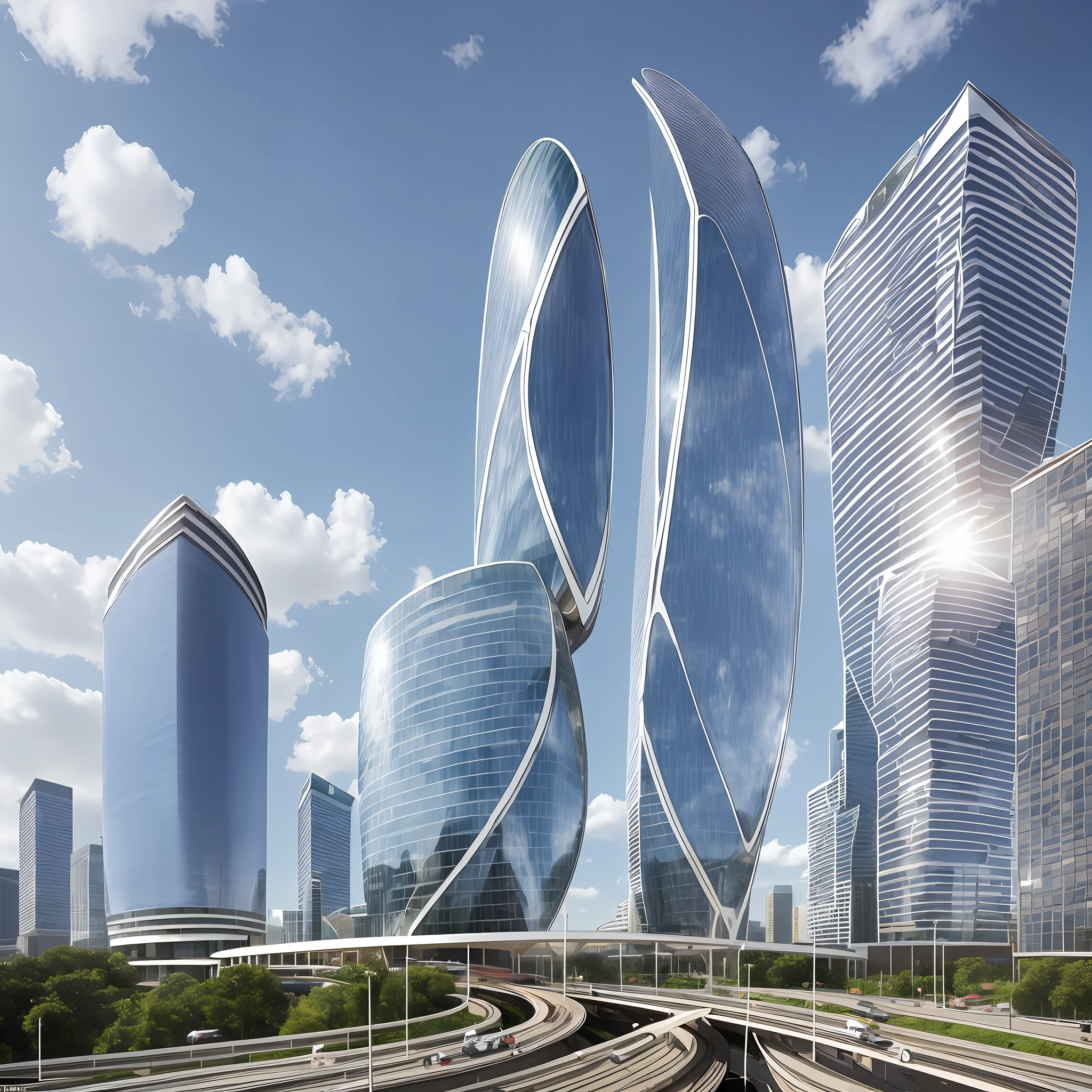 Tower,truth,The future cityscape is filled with awe-inspiring technological marvels. Towering skyscrapers rise into the clouds, boasting sleek and modern designs. The fusion of streamlined, curved, and geometric architectural structures with reflective materials and glass facades creates a mesmerizing futuristic landscape. On the streets, remarkable floating transportation vehicles glide swiftly, such as flying cars or maglev trains, exuding a high-tech exterior as they navigate the city's airspace style:Photographi