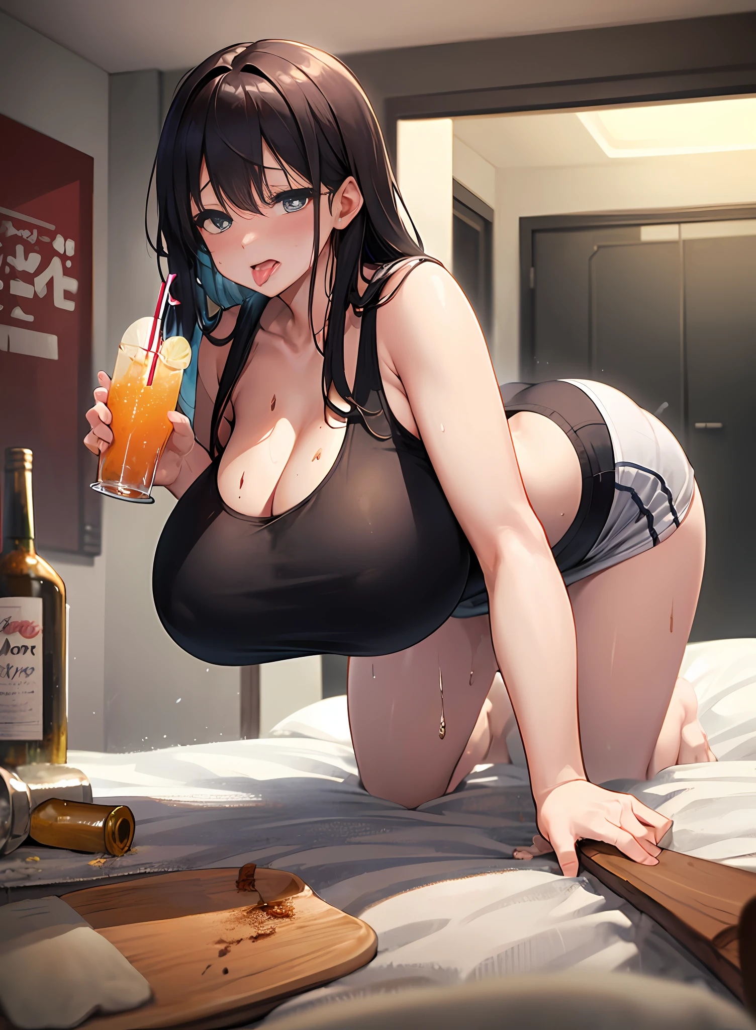 A MILF、ultra gigantic tits、Hyper-obese body、a bed、Tight-fitting tank top for a very dirty room、Very distressed、I'm about to throw up、Eating Challenge、Heavy alcohol consumption、a large amount of dishes、Drink a lot of alcohol、Intoxication、full of sweat、all-fours、sticking out the tongue