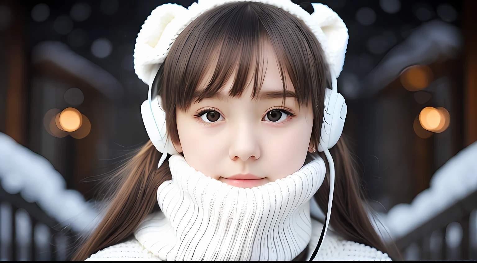 GIRL BLONDE CHILD with long hair wearing a white sweater and black ear warmers, sleepy, wearing cute black scarf, sick with a cold, cold, li, a cold, cute bangs, with cute white skin, ears, sleepy face fashion model, sad, twintails white_gloves, cute skin, teen, freezing cold nights, cold winter, black ears