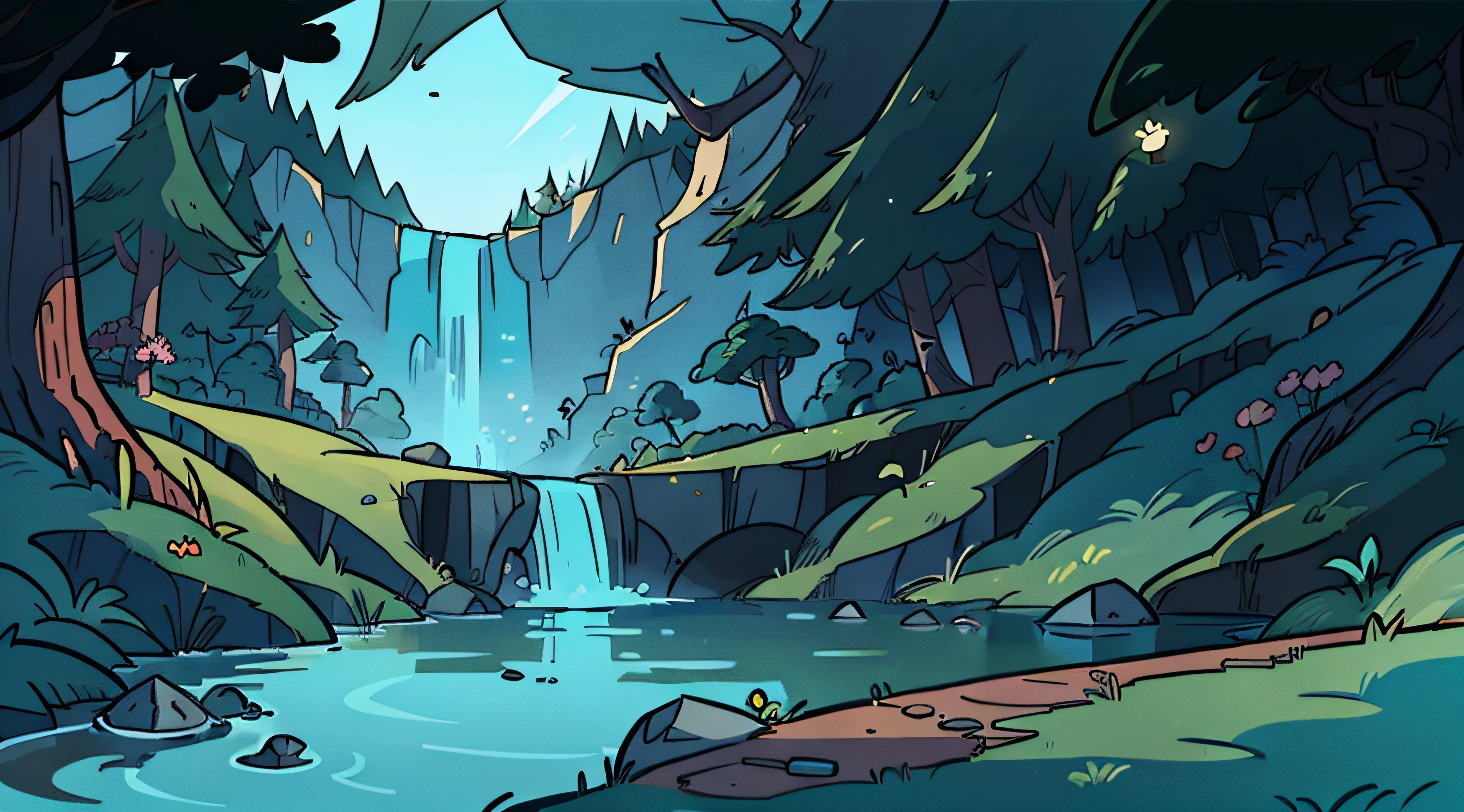 (floresta com um lindo lago de aguas cristalinas, estilo cartoon, no estilo de gravityfalls, melhor qualidade, 8k, no estilo de gravity falls)