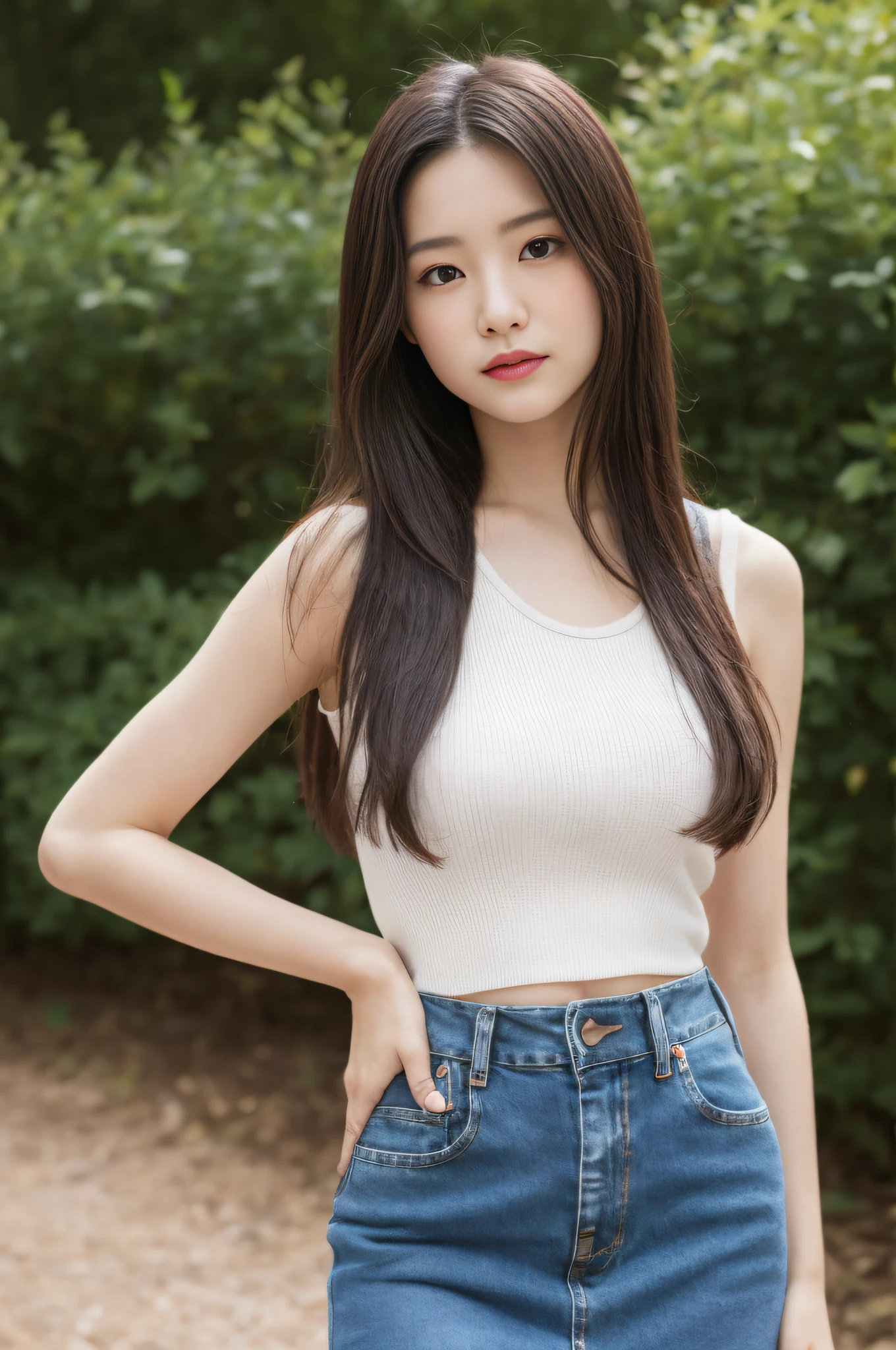 An Asian girl，Delicate facial features，Vivid eyes，Tall and tall，tmasterpiece，8K，primitive,professional photoshooting，depth of fields，，Yuka Minase，short denim skirt，Denim strap skirt，dynamicposes