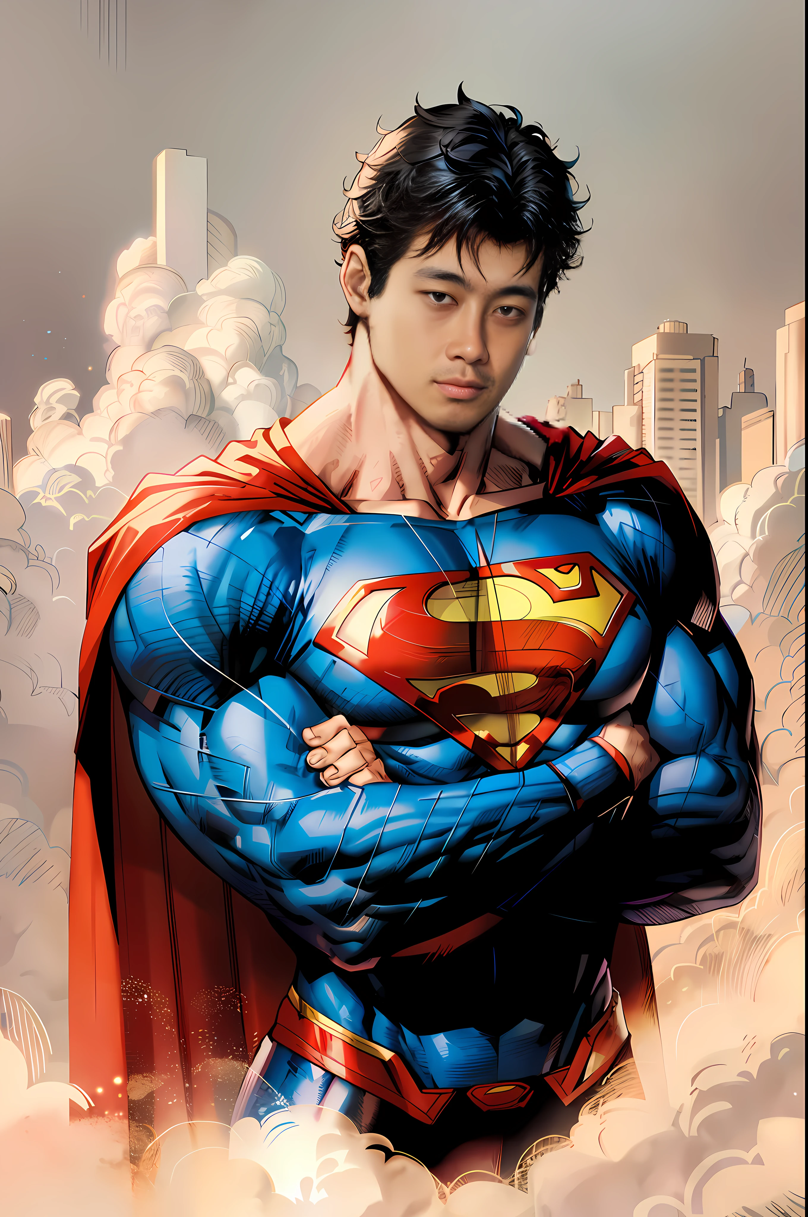 jim lee, 1boy, superman abs, bara, black hair, blue bodysuit, blue eyes, bodysuit, cape, closed mouth, crossed arms, large pectorals, male focus, muscular, muscular male, pectoral lift, pectorals, red cape, short hair, simple background, solo, superhero, upper body,flat style , ((masterpiece))
