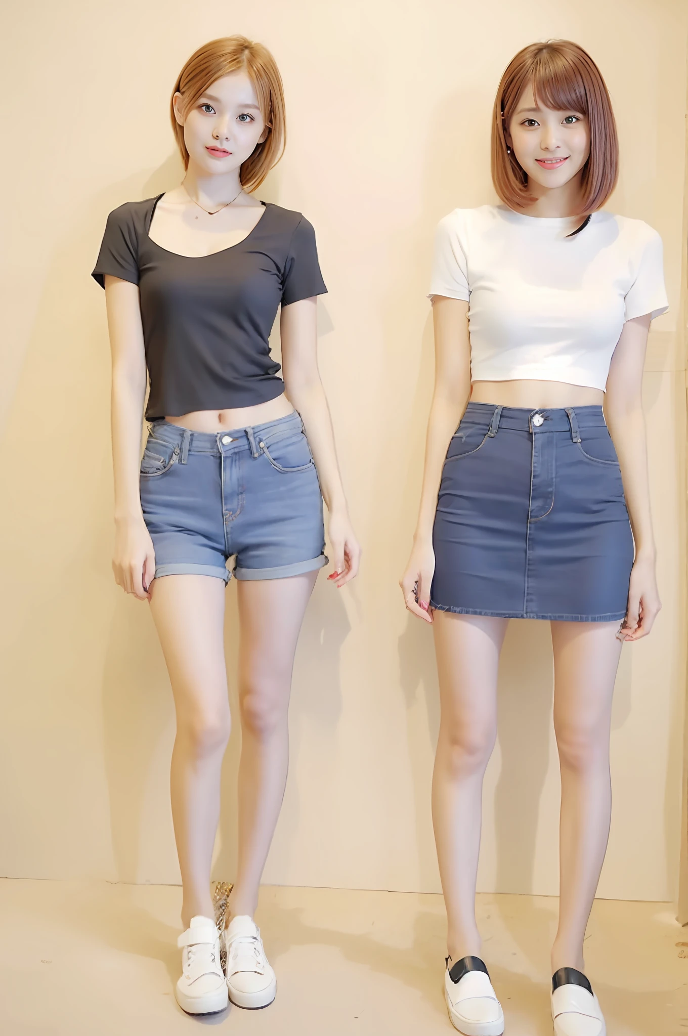 Two women stand side by side in a room, mini jeans skirt, short jeans pants, wearing tight simple clothes, mini-skirts, photo of slim girl model, denim short, hot pant, Miniskirt, skinny waist and thick hips, short miniskirt, denim hot-pants, Tall and slim, short skirt length, Big breasts Thin waist,Intimate relationships,Playful and cute pose