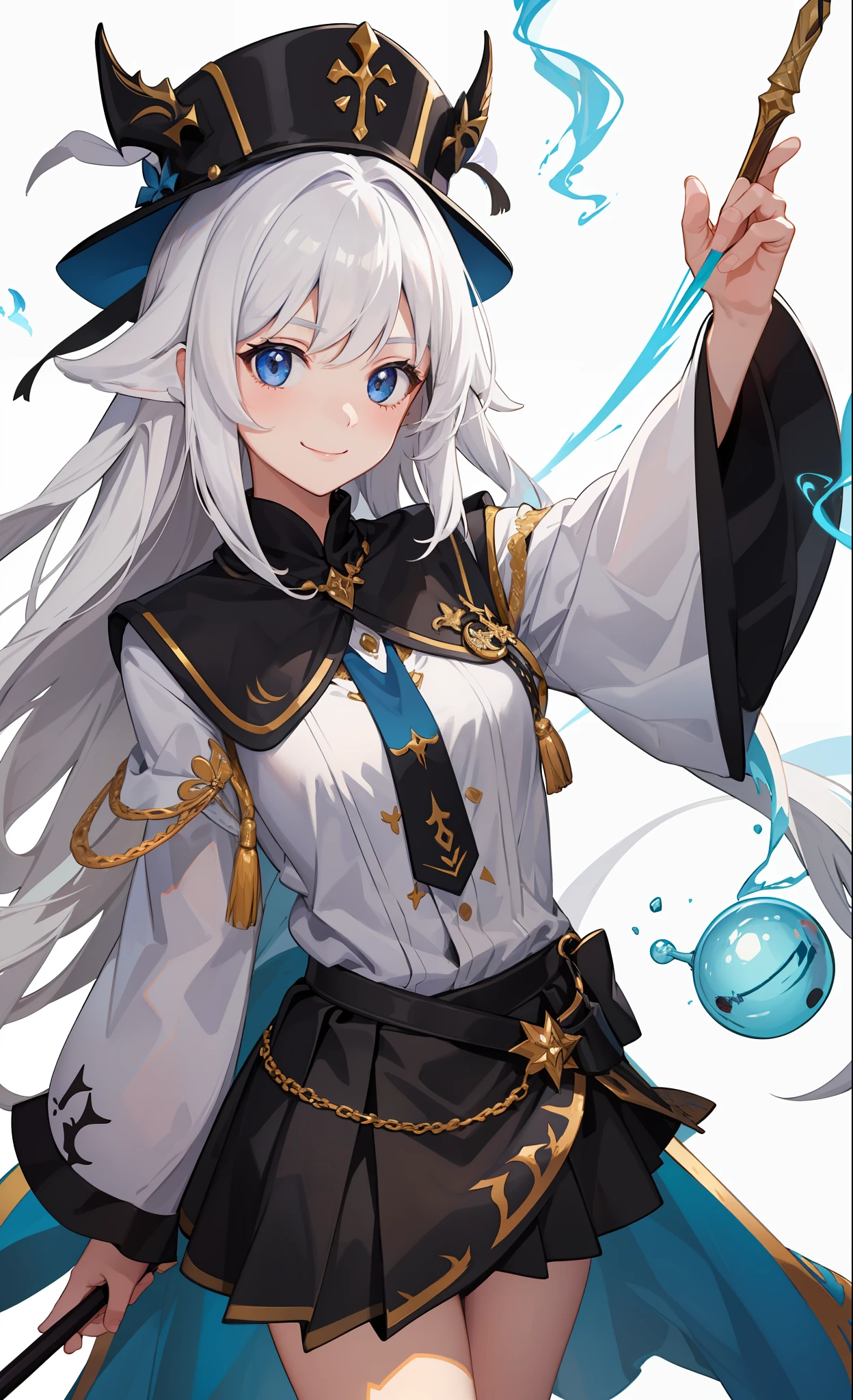 1girl in、A smile、The shirt、Blouse、skirt by the、(small tits)Chilarism、movement、Hats、cloaks、magic wands、Sorcerer、white hair、