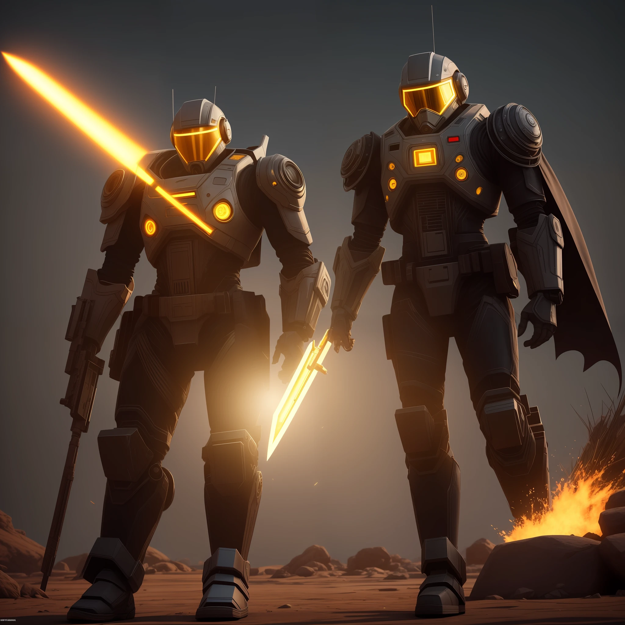 ((best qualtiy)), ((tmasterpiece)), (The is very detailed:1.3), 3D,full-body portraits,rfktr_technotrex,droid,(Wearing a head-mounted display,Thick and high-tech neon signs:1.2),Wear a cape,Black and gold color scheme,Seymourpunk,Full body mech coverage,Wasteland,Parts assembly,Left hand holds a gun,The shield is held in his right hand,Carrying a giant sword behind his back,Computer hacking,Computer terminal,The soft glow of neon,Microelectronics,computer servers,LCD screens,Fiber optic cable,Company logo,vivd colour,HDR(HighDynamicRange),Ray traching,NVIDIA RTX,Hyper-Resolution,Unreal 5,sub surface scattering,PBR textures,post-proces,Anisotropy Filtering,depth of fields,Maximum clarity and sharpness,Many-Layer Textures,Albedo e mapas Speculares,Surface Coloring,Accurate simulation of light-material interactions,perfectly proportions,rendering by octane,twotonelighting,Low ISO,White balance,trichotomy,Wide aperture,8K RAW,High-Efficiency Sub-Pixel,sub-pixel convolution,Luminous Particle,Light scattering,Tyndall effect --auto