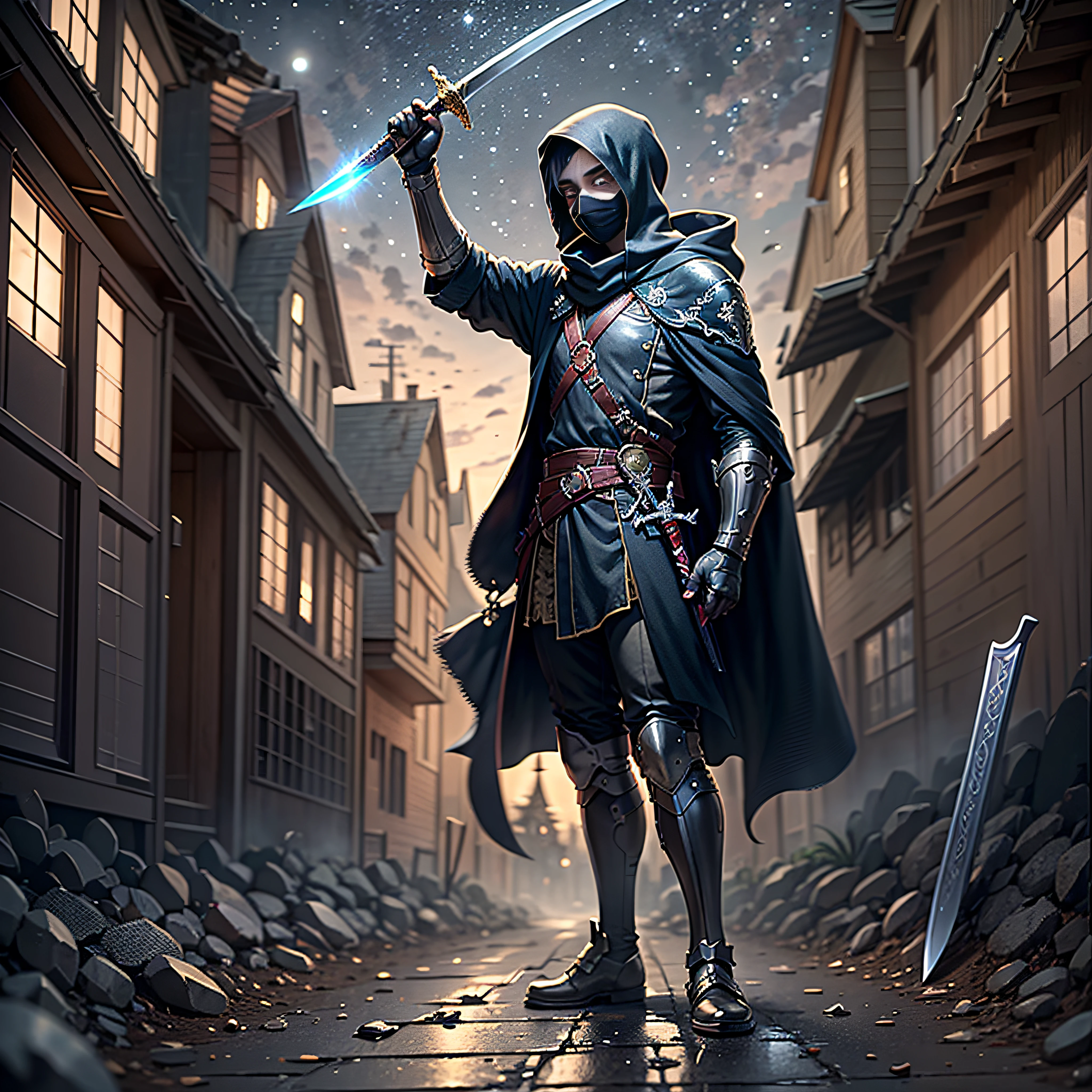 He held a long sword in his hand,wielding longsword,Raise the sword above your head,suburb,Dirt pavement,Dilapidated cottage in the distance,Streets,Night,An anime boy,With a cloak,Wearing a black coat,With a black mask