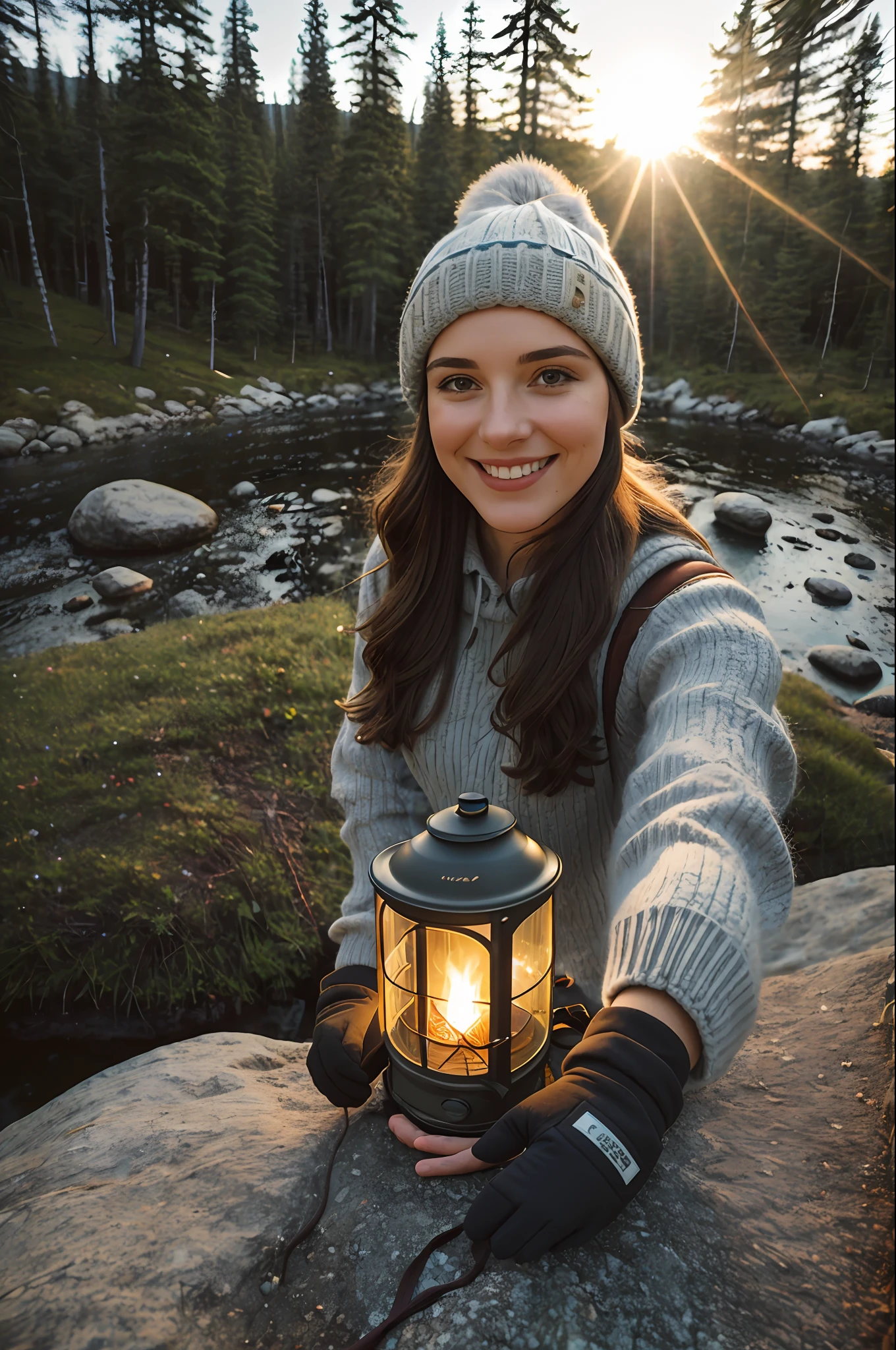 1 woman ((upper body selfie, happy)), masterpiece, best quality, ultra-detailed, ground, outdoor, (night), mountains, nature, (stars, moon) cheerful, happy, backpack, bag sleeping, camping stove, water bottle, mountain boots, gloves, sweater, hat, lantern, forest, stones, river, wood, smoke, shadows, contrast, clear sky, style, (warm hue, warm tone)