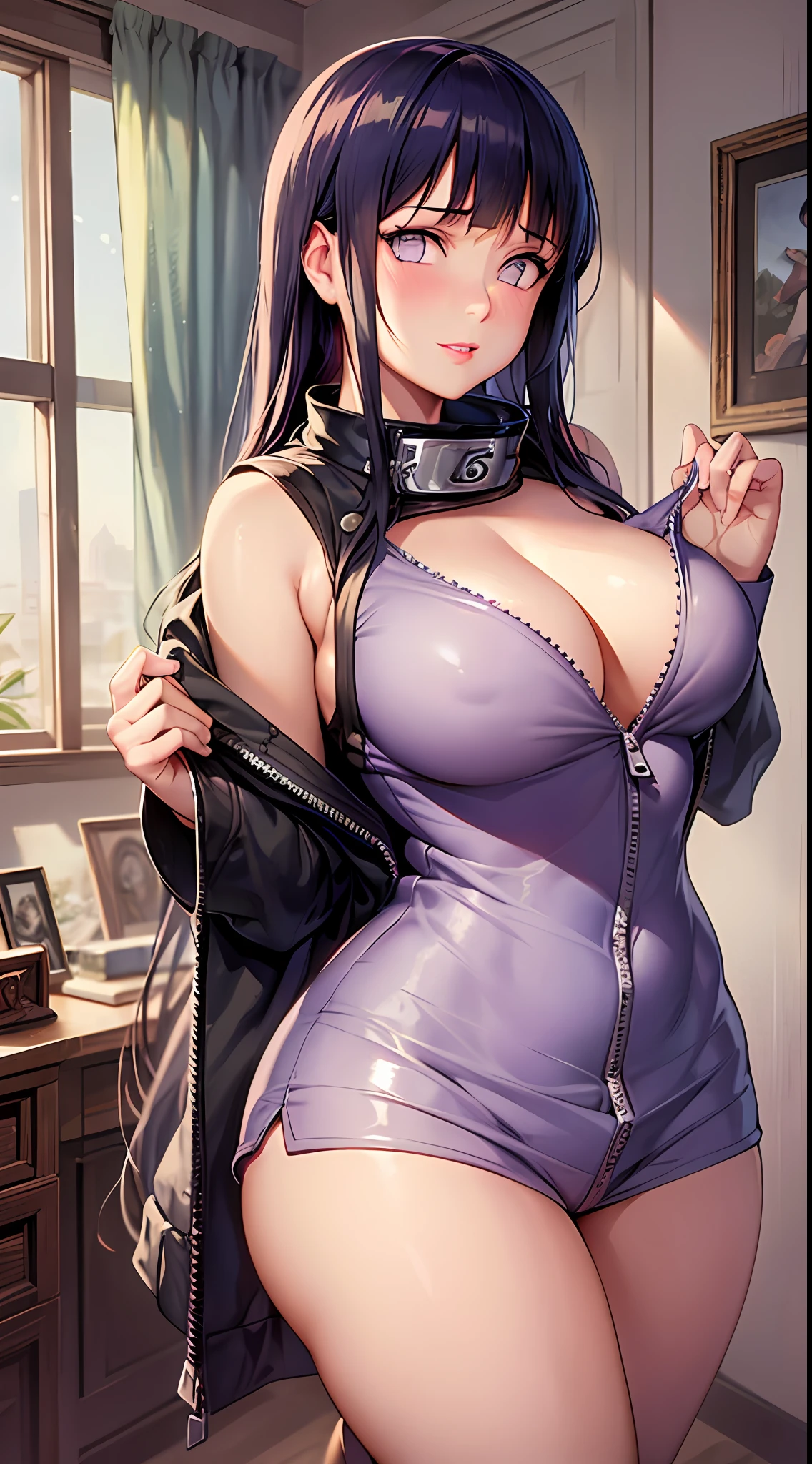 Masterpiece, highres, high Quality, detailed face, detailed body render, 1girl, solo, hyuuga hinata, hinata-sleeveless-outfit, large breasts, big breast, sleeveless shirt, fishnet top, dark lips, unzipped jacket, no bra, breasts out, nipple, standing, blushes, (on bedroom)