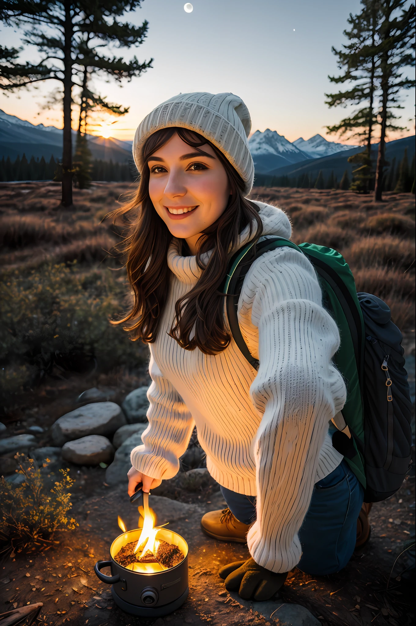 1 woman ((upper body selfie, happy)), masterpiece, best quality, ultra-detailed, ground, outdoor, (night), mountains, nature, (stars, moon) cheerful, happy, backpack, bag sleeping, camping stove, water bottle, mountain boots, gloves, sweater, hat, lantern, forest, stones, river, wood, smoke, shadows, contrast, clear sky, style, (warm hue, warm tone)