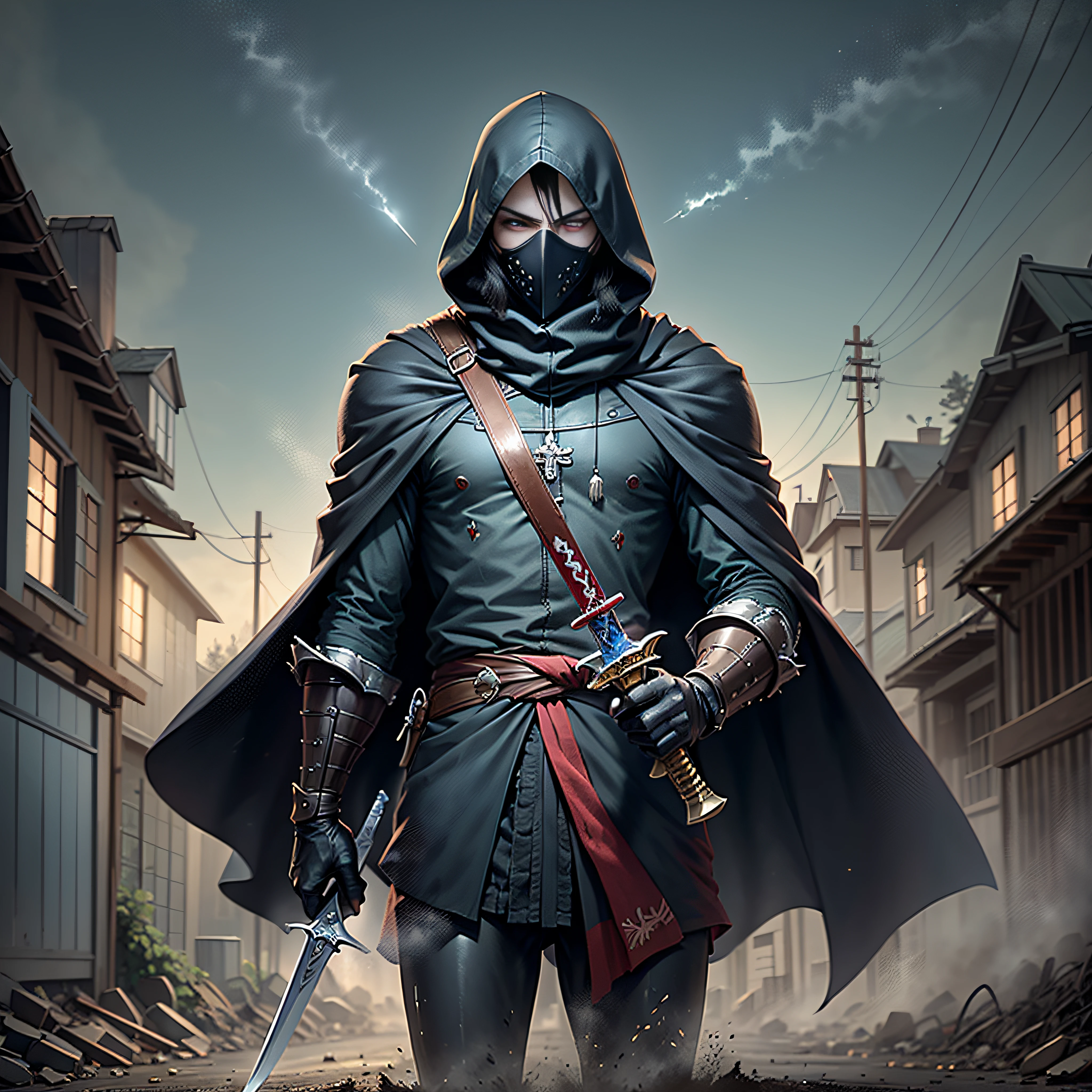 He held a long sword in his hand,wielding longsword,Raise the sword above your head,suburb,Dirt pavement,Dilapidated cottage in the distance,Streets,Night,An anime boy,With a cloak,Wearing a black coat,With a black mask