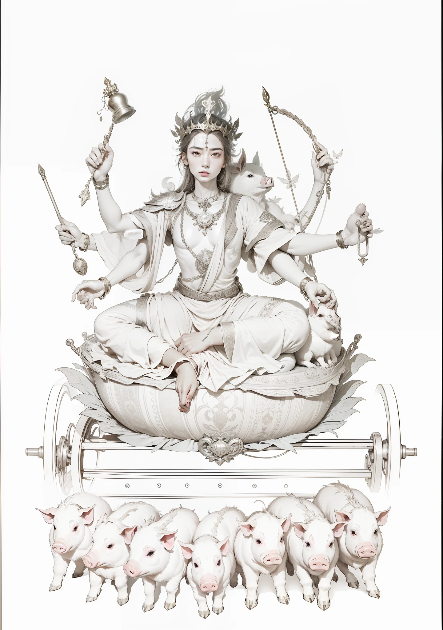 Beautiful fairy sitting on a lotus seat,Wearing a golden crown on his head,There are also two sides,Each of the eight arms holds a magic weapon,sitting cross-legged,Barefoot with both feet,Ropes on the backs of seven piglets are attached to the cart,The car has a left wheel and a right wheel,The background has a round light,Clear and clean sky,