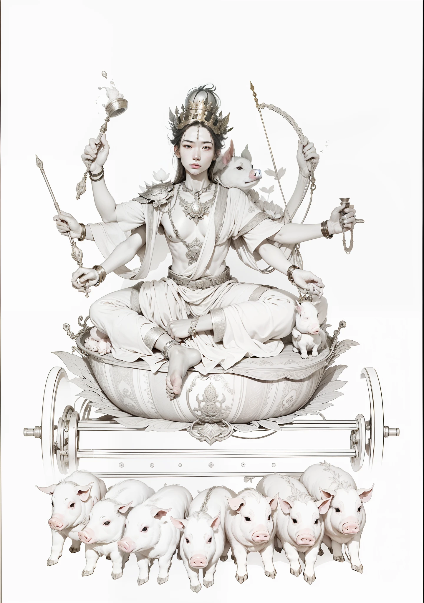 Beautiful fairy sitting on a lotus seat,Wearing a golden crown on his head,There are also two sides,Each of the eight arms holds a magic weapon,sitting cross-legged,Barefoot with both feet,Ropes on the backs of seven piglets are attached to the cart,The car has a left wheel and a right wheel,The background has a round light,Clear and clean sky,