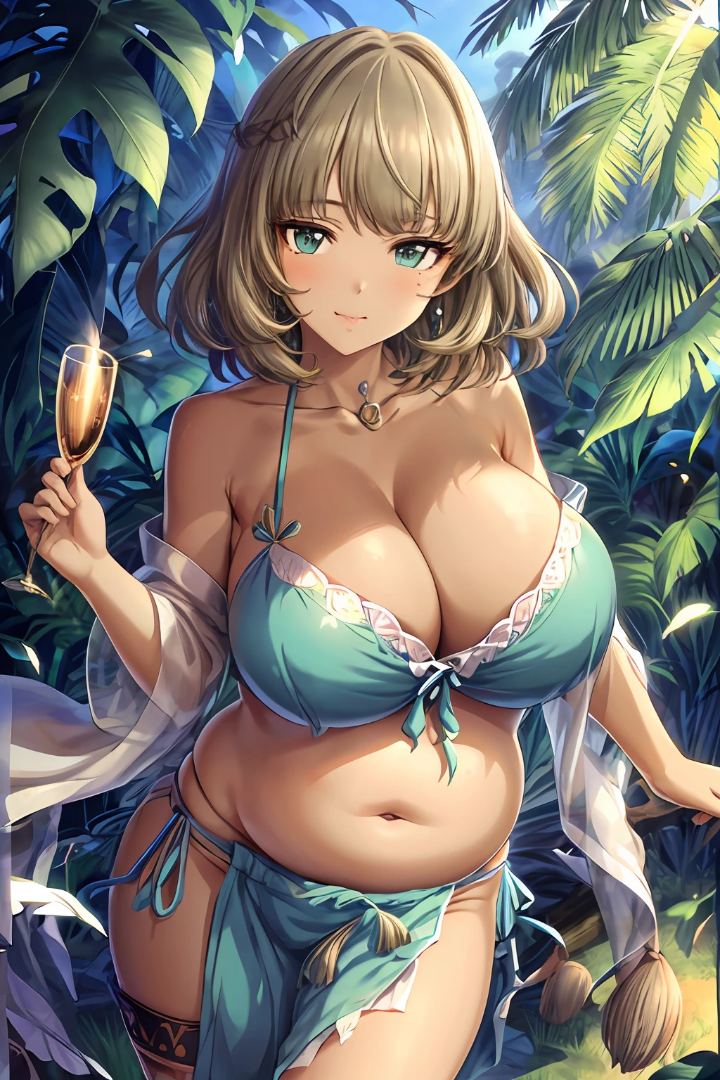 takagaki kaede,1girl, solo, short hair, heterochromia, blue eyes, green eyes, brown hair, mole under eye, masterpiece, portrait, absurdres, beautiful detailed cinematic light, extremely detailed CG unity 8k wallpaper, ultra-detailed, (jungle), dark forest, depth of field, best shadows, god rays, perfect anatomy, dynamic view, upright, cowboy shot, 1girl, MILF, 3d face, finely detailed beautiful eyes, (very_dark_skin:1.3), (black skin:1.3), (huge breasts:1.3), (tube top:1.3), navel, (chubby, curvy, plump, big belly:1.4), bare shoulders, collarbone, (wide hips:1.3), (tribal:1.2), multiple tribal tattoos, tribal tattoo, (tribal_traditional_brown_grass_loincloth:1.3), light smile, blush, (smile), earrings,