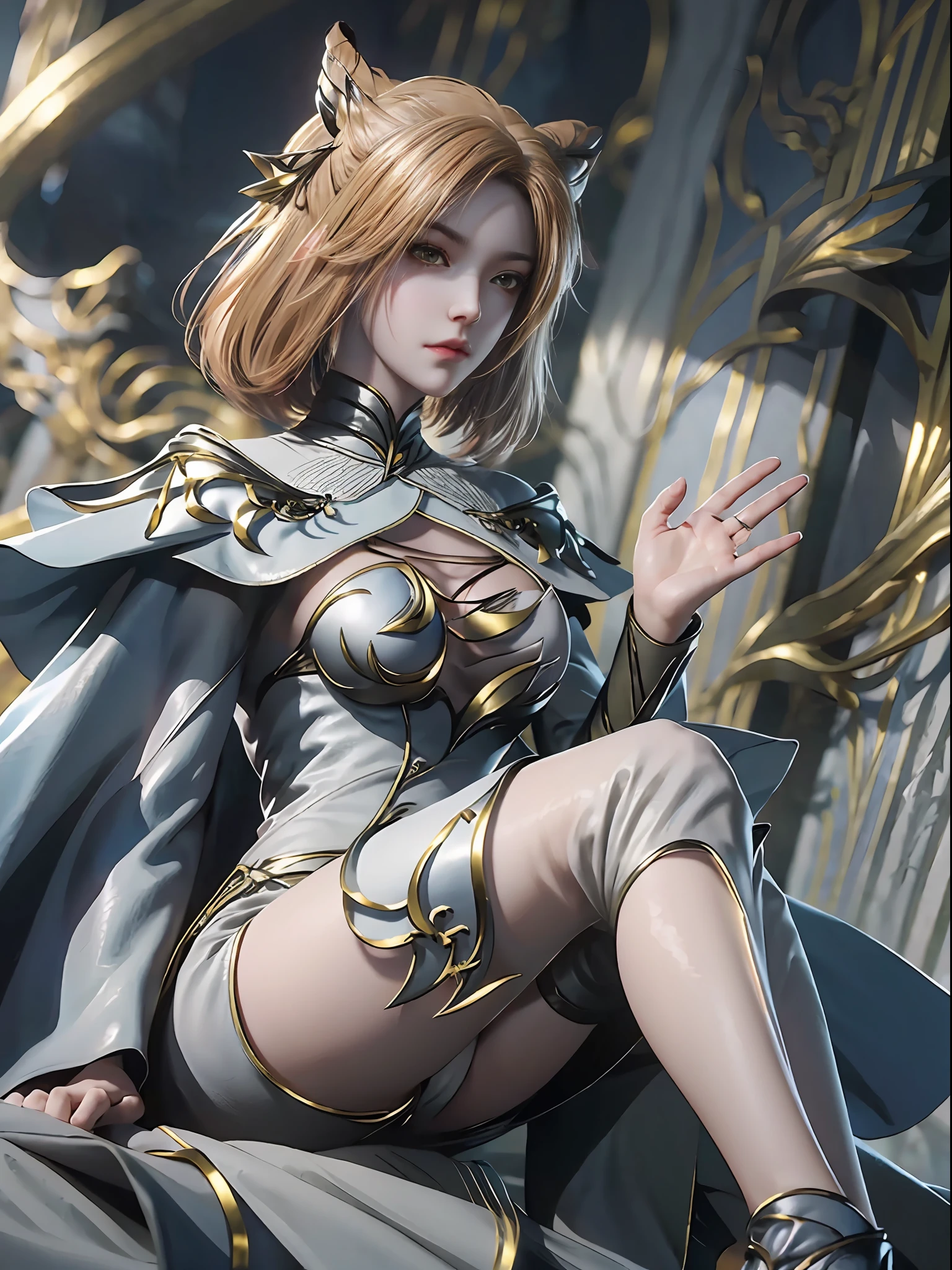 Close-up of a woman wearing a silver-blue miniskirt and long legs,Cheng Weipan Art Station,Xiuxian sense of technology,Park dusk,Gauze sleeves,detailed fantasy art,Stunning character art,Epic and refined character art,Beautiful armor,Extremely detailed artistic germination,Detailed digital anime art, Artgerm on the art station Pixiv,Armor Girl,Exquisite headwear and jewelry 8k,Bigchest,Park Road,Long legs,Sit cross-legged