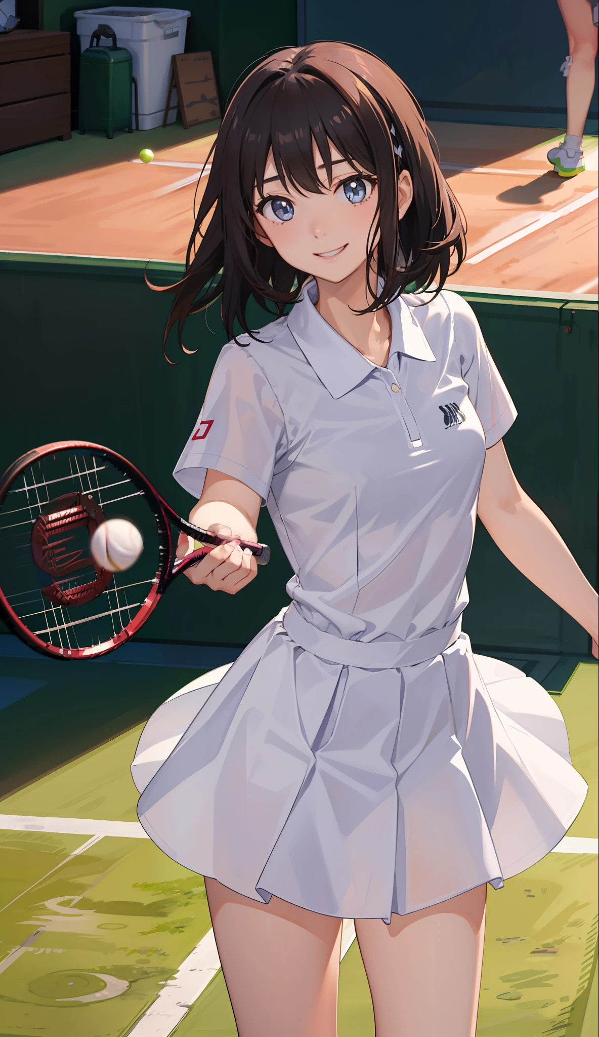 １The girls、Shirts、pleatedskirt、17 age、Bob Hair Style、A smile、A delightful!、japanes、enmaided、Chromo-white skin、Beautiful eyes、（small tits）、Playing tennis、Wimbledon、Wearing white tennis wear、电影灯光、Upper body portrait、