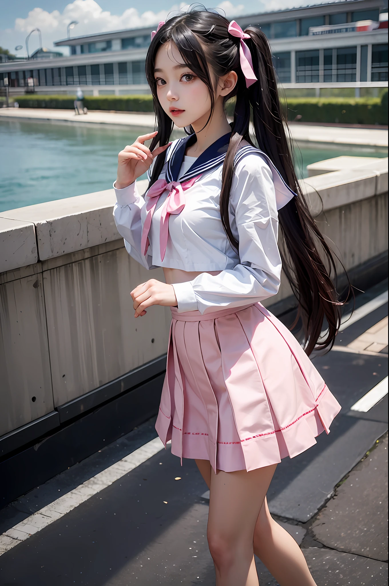 1girll,twintails,Colorful hair,Flying,White sailor suit and short skirt,pink bows,16-year-old female model,Side,