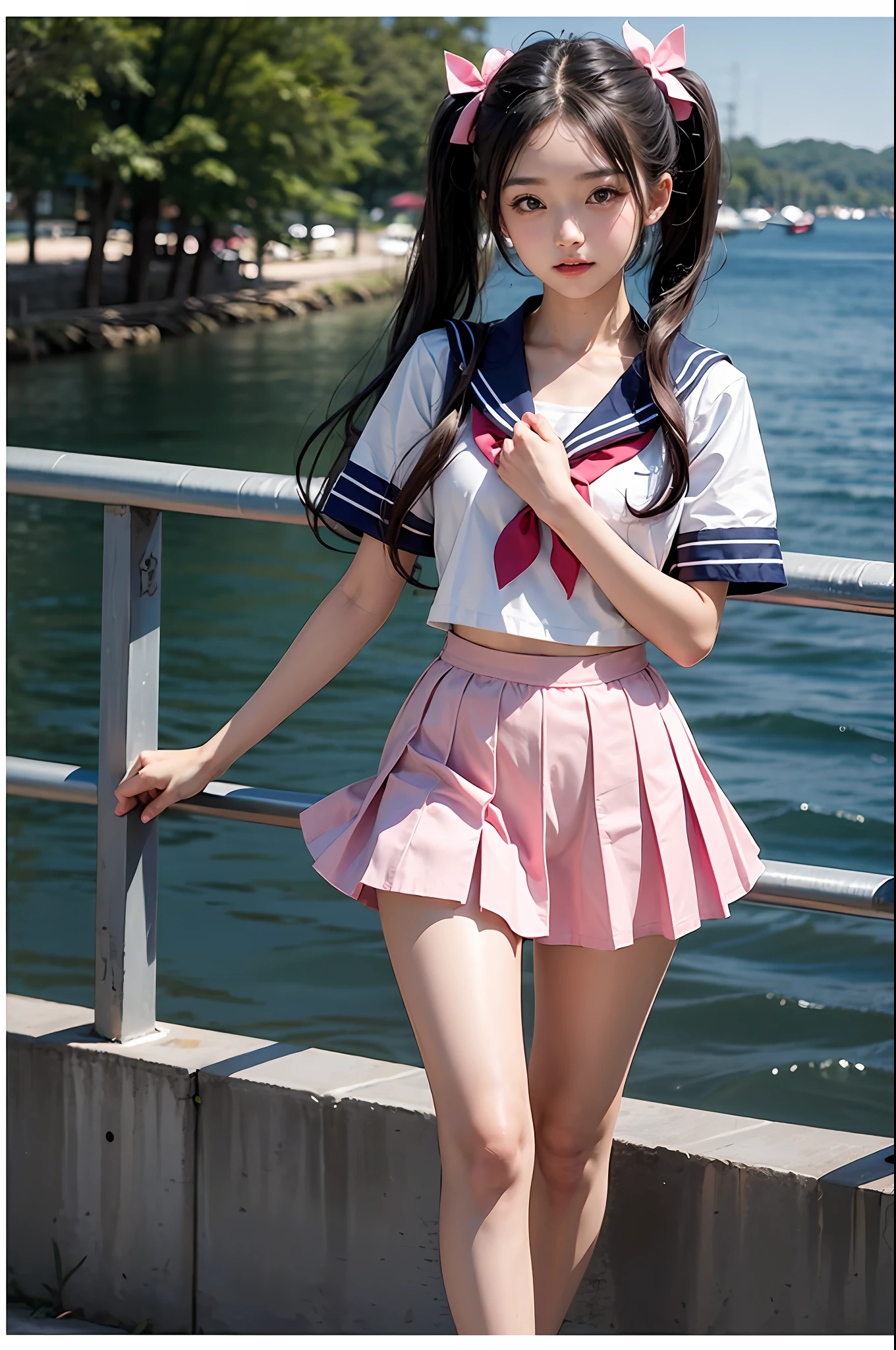 1girll,twintails,Colorful hair,Flying,White sailor suit and short skirt,pink bows,16-year-old female model,Side,