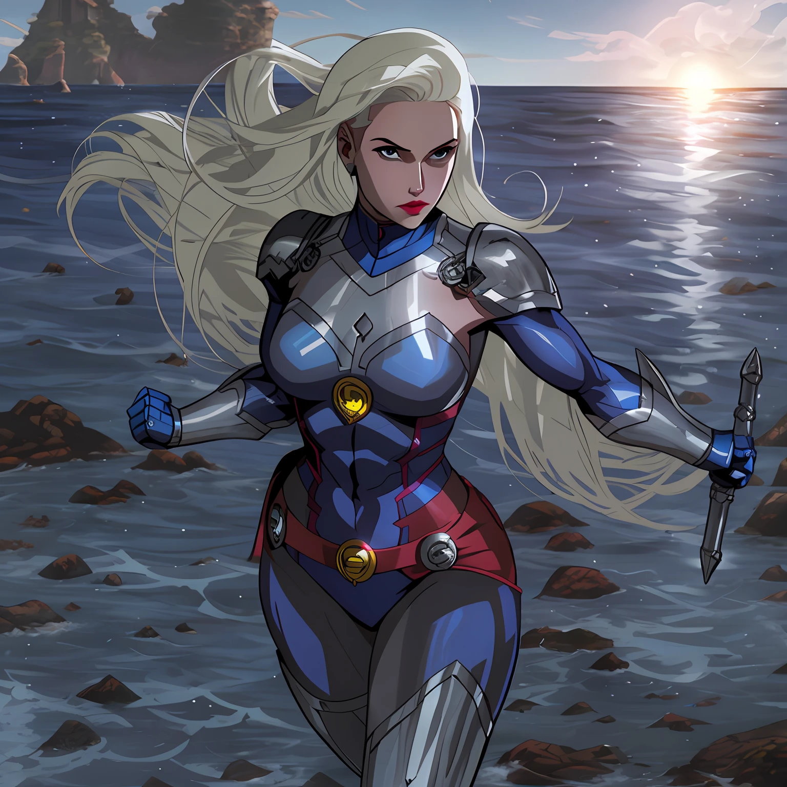 superheroine queen of oceans, white hair, mulher musculosa, vestindo uma armadura pesada azul, poderosa, mulher bonita, deusa antiga, divindade moderna, aquatic character, personagem 2d, estilo quadrinhos