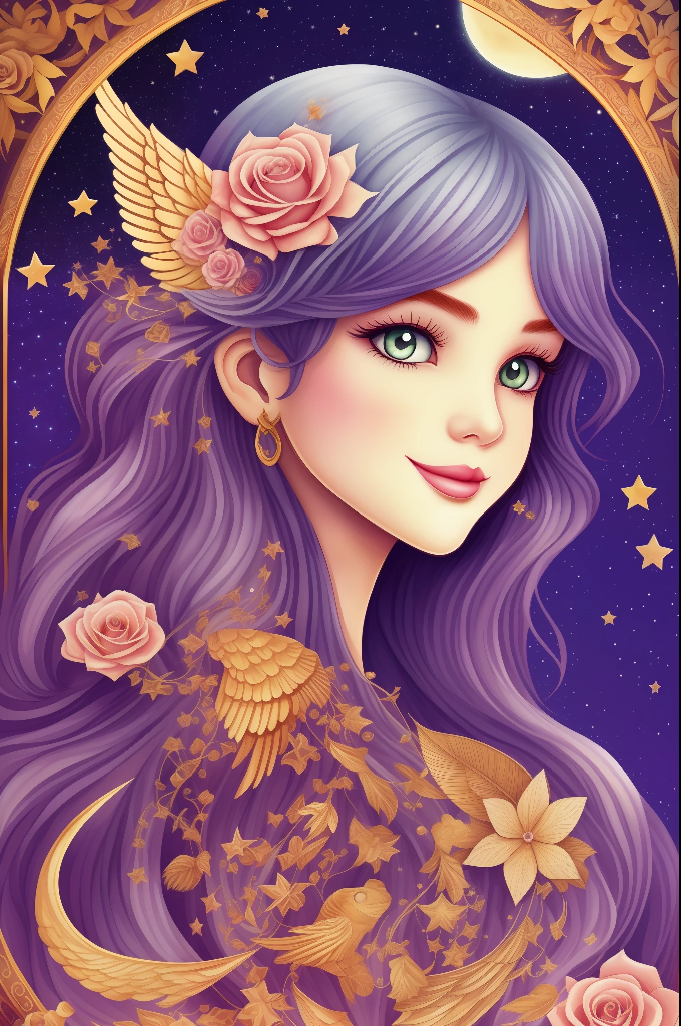 Watercolor beautiful magical, beautiful Mystic Goddess, flowing heart, vintage frame, with angel wings, smile, feathers, stars, roses, moon, facing side, fantasy illustration, perfect face, with beautiful face and with stars, beautiful light hair, perfect eyes, gold light, vivid vibrant colors, intricate detail, hyper detailed, hyper quality, 32K, unreal engine, isolated on white background, kawaii, clipart, fantasy art