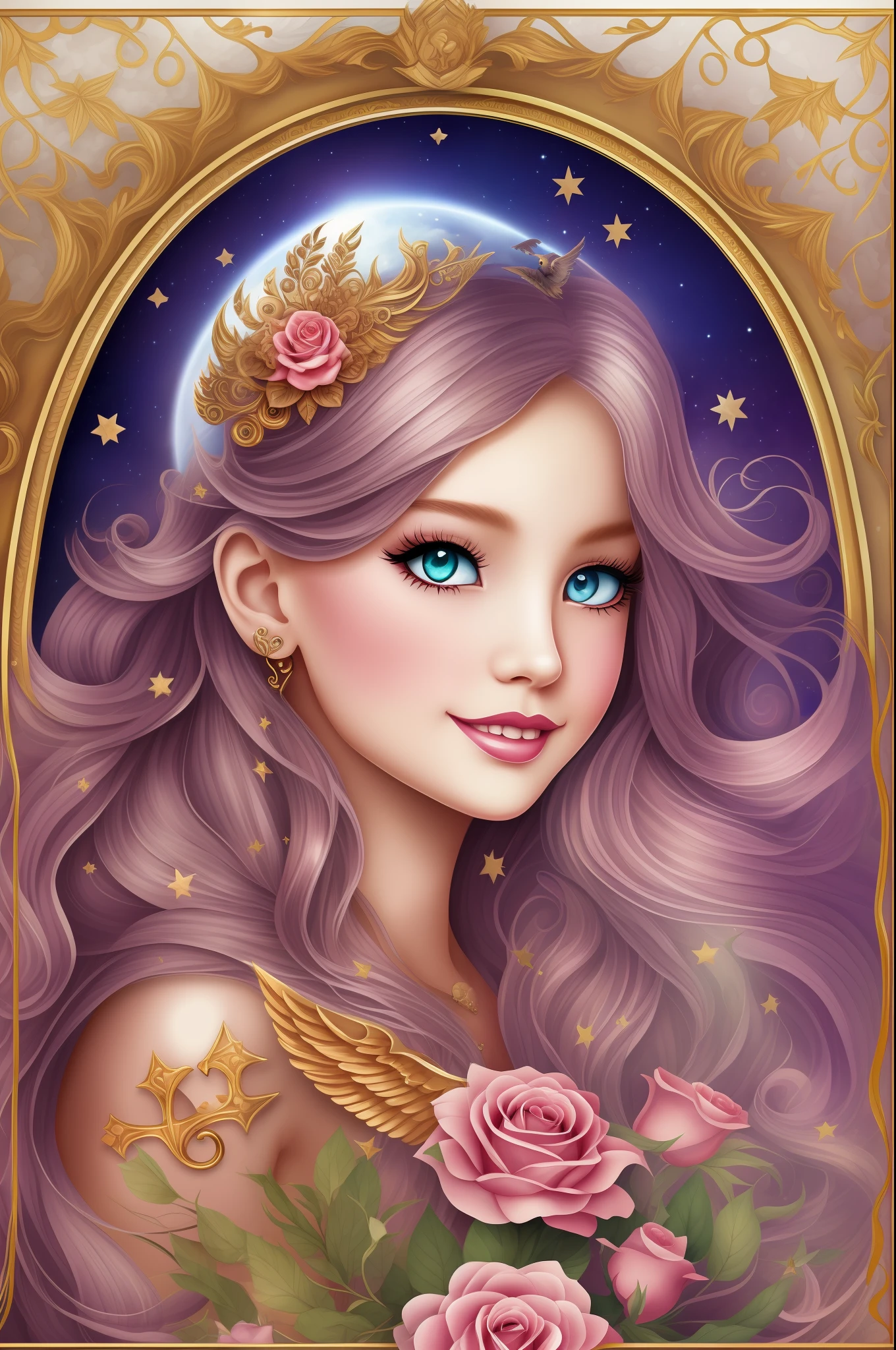 Watercolor beautiful magical, beautiful Mystic Goddess, flowing heart, vintage frame, with angel wings, smile, feathers, stars, roses, moon, facing side, fantasy illustration, perfect face, with beautiful face and with stars, beautiful light hair, perfect eyes, gold light, vivid vibrant colors, intricate detail, hyper detailed, hyper quality, 32K, unreal engine, isolated on white background, kawaii, clipart, fantasy art