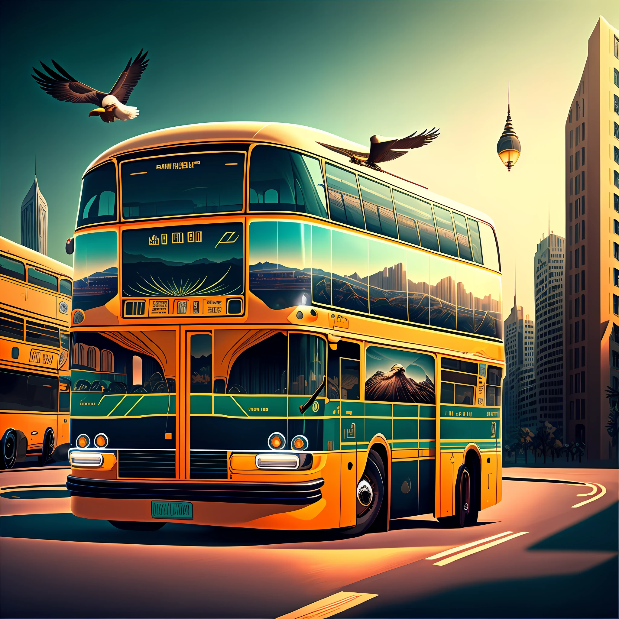 Draw a bus, the front of the car is stylized with an eagle, the rear of the car is the details of modern mass lighting, the background is the city of the earth in 2100 --auto