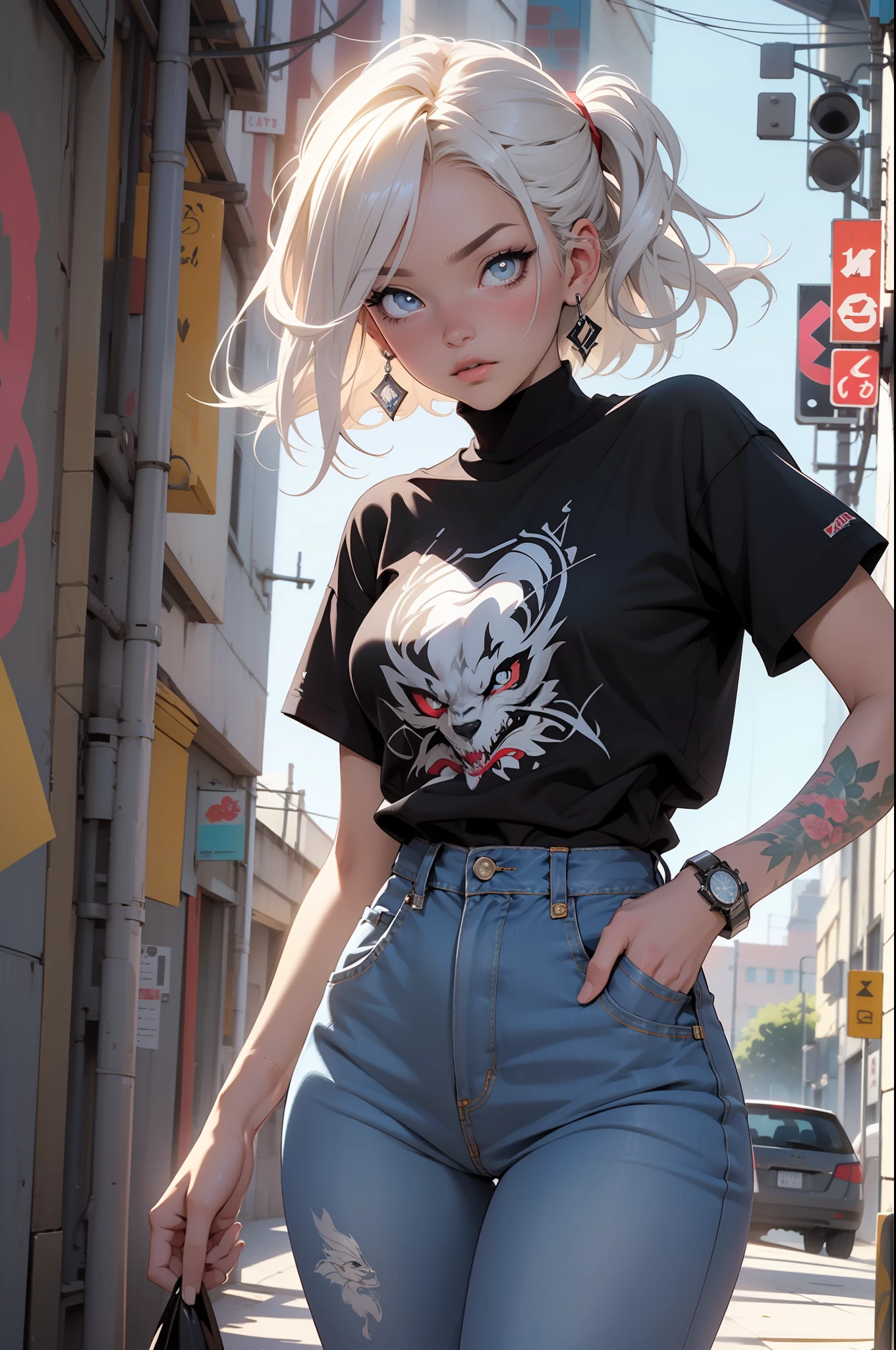 background, misto-language_text, letras japonesas em graffit ,:: estilo comix por joe madureira :: bonito, perfeito e detalhado, ultra detalhado rosa e preto com detalhes de flores brancas super detalhado, with dragon print on the sides of the dress, in various full-body attack poses and with immersive effects, efeito pairar, fundo estilo grafite com cores vibrantes "hdr ultra" detalhadas e com efeito de foco, (obra-prima: 1.2, melhor qualidade), (olhos bonitos finamente detalhados: 1.2), ((Beautiful Woman )),cabelo comprido, liso e negro ,com um brilho natural e preso como rabo de cavalo ((Solo)), (Olhos vermelhos:1.4), (Olhos finamente detalhados e rosto detalhado:1.3),), (Com jeans ultra detalhado e uma camisa branca com estampa tatoom ultra detalhado por inteiro:1.3), (Fundo bonito e claro:1.2), (CG extremamente detalhado, Ultra-detalhado, Melhor Sombra:1.1),("" personagem demonstrando o seu super poder no punho"")((Profundidade de campo e desfoco)), ((Aquarela)), Seios grandes, Ombros nus, flowers and petals, beautiful concept illustration , (fundo branco:0.5), (illustration :1.1), (extremamente fino e belo: 1.1), (detalhes perfeitos: 1.1) fundo estilo graffit, liberdade, alma, digital illustation, anatomia perfeita, centrado, Approaching perfection,