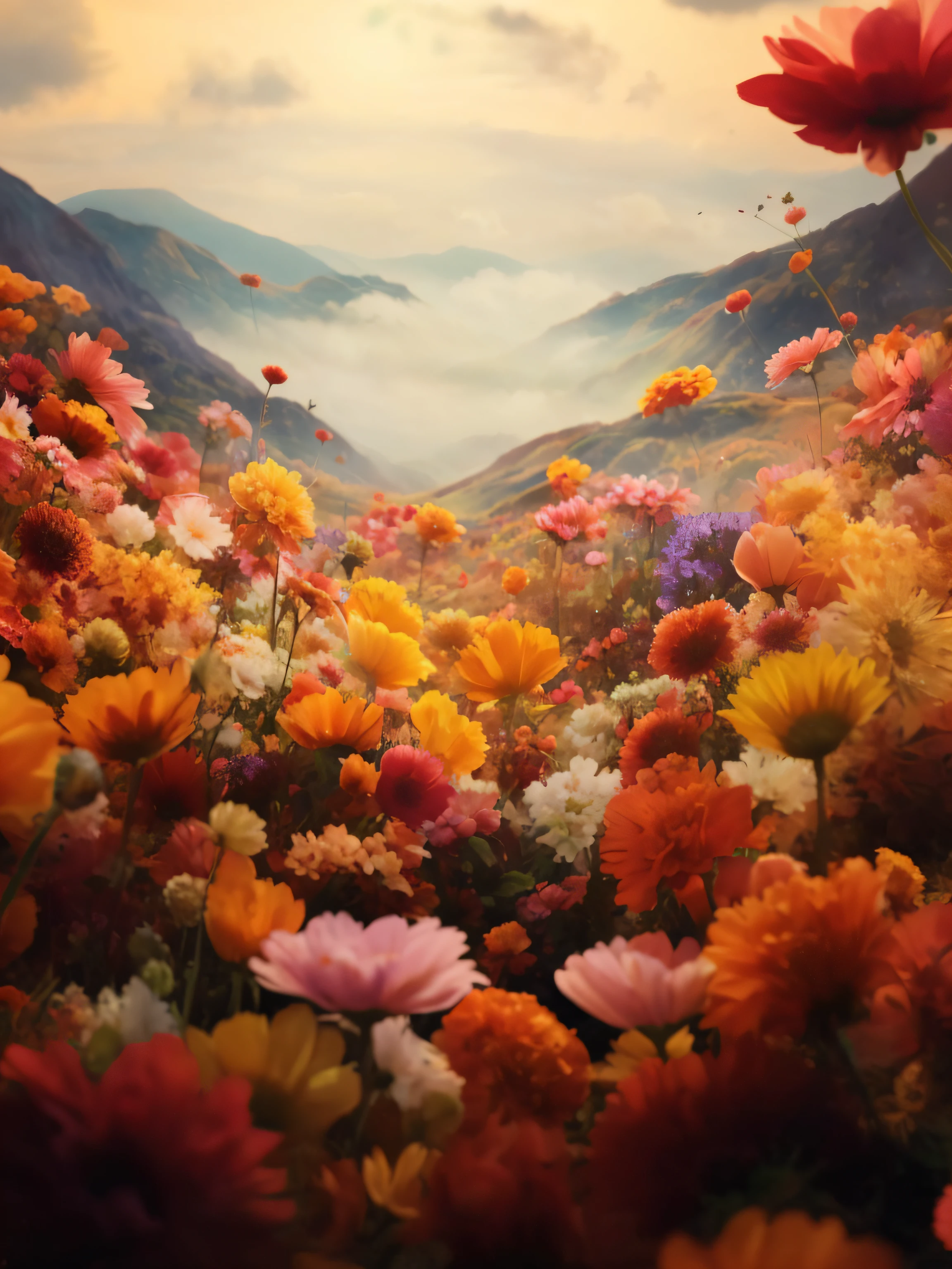 There are many flowers in the middle of the field, Vast lush valley flowers, an aesthetic field of flowers, surreal waiizi flowers, field of fantasy flowers, mythical floral hills, floral environment, flower field, Inspired by Kim Kiefer, magical colorful flowers, flower field, 4k highly detailed digital art, in a field of flowers