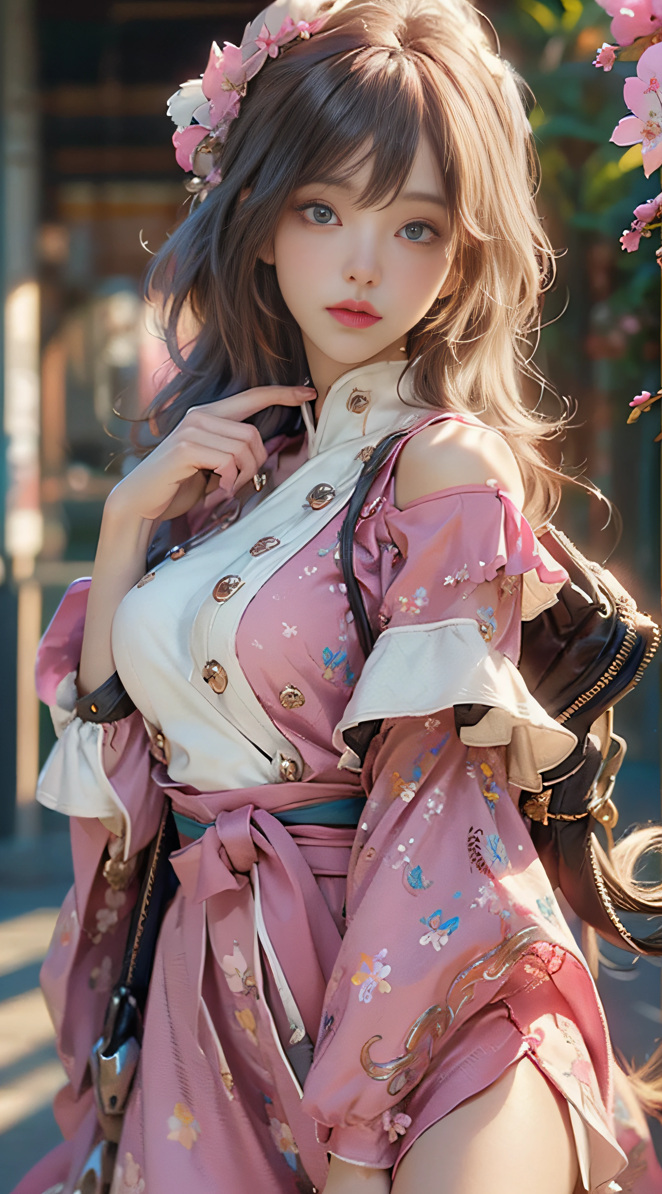 ((best qualtiy)), ((tmasterpiece)), (Detail:1.4), 3D, Beautiful cyberpunk female images,hdr(HighDynamicRange),Ray traching,NVIDIA RTX,Hyper-Resolution,illusory 5,sub surface scattering,PBR textures,post-proces,Anisotropy Filtering,depth of fields,maximum definition and sharpness,Many-Layer Textures,Albedo e mapas Speculares,Surface Coloring,Mitsu-Accurate simulation of material interactions,perfectly proportioned,rendering by octane,Two-colored light,largeaperture,Low ISO,White balance,Rule three points、8K raw data、beautiful bright pupils,off-the-shoulder clothes,Fine pupils,Delicate face and eyes,long eyelasher,Blushlush,Delicate and fluffy hair,pink lip,Pure,cute big breasts,Sweet girl,Artistic sense,Casual wear,Advancedsense,butterflys,Cherry blossom petal,Beautiful hair accessories