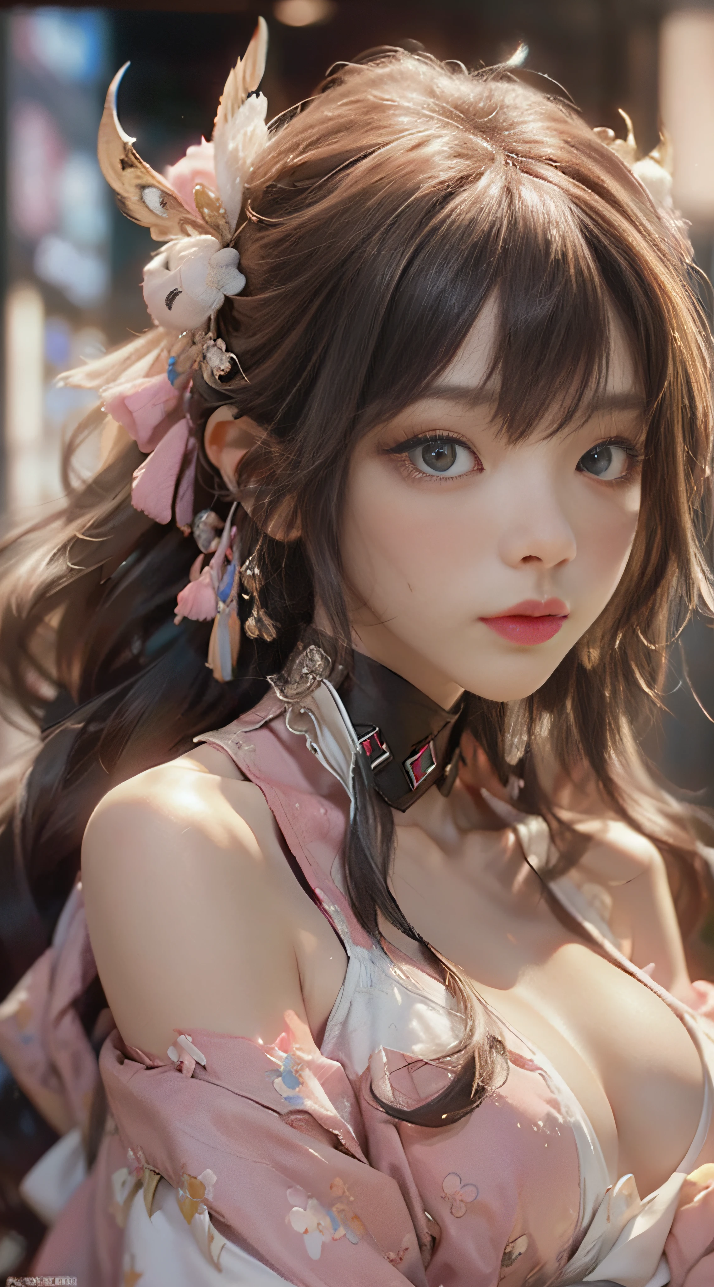 ((best qualtiy)), ((tmasterpiece)), (Detail:1.4), 3D, Beautiful cyberpunk female images,hdr(HighDynamicRange),Ray traching,NVIDIA RTX,Hyper-Resolution,illusory 5,sub surface scattering,PBR textures,post-proces,Anisotropy Filtering,depth of fields,maximum definition and sharpness,Many-Layer Textures,Albedo e mapas Speculares,Surface Coloring,Mitsu-Accurate simulation of material interactions,perfectly proportioned,rendering by octane,Two-colored light,largeaperture,Low ISO,White balance,Rule three points、8K raw data、beautiful bright pupils,off-the-shoulder clothes,Fine pupils,Delicate face and eyes,long eyelasher,Blushlush,Delicate and fluffy hair,pink lip,Pure,cute big breasts,Sweet girl,Artistic sense,Casual wear,Advancedsense,butterflys,Cherry blossom petal,Beautiful hair accessories
