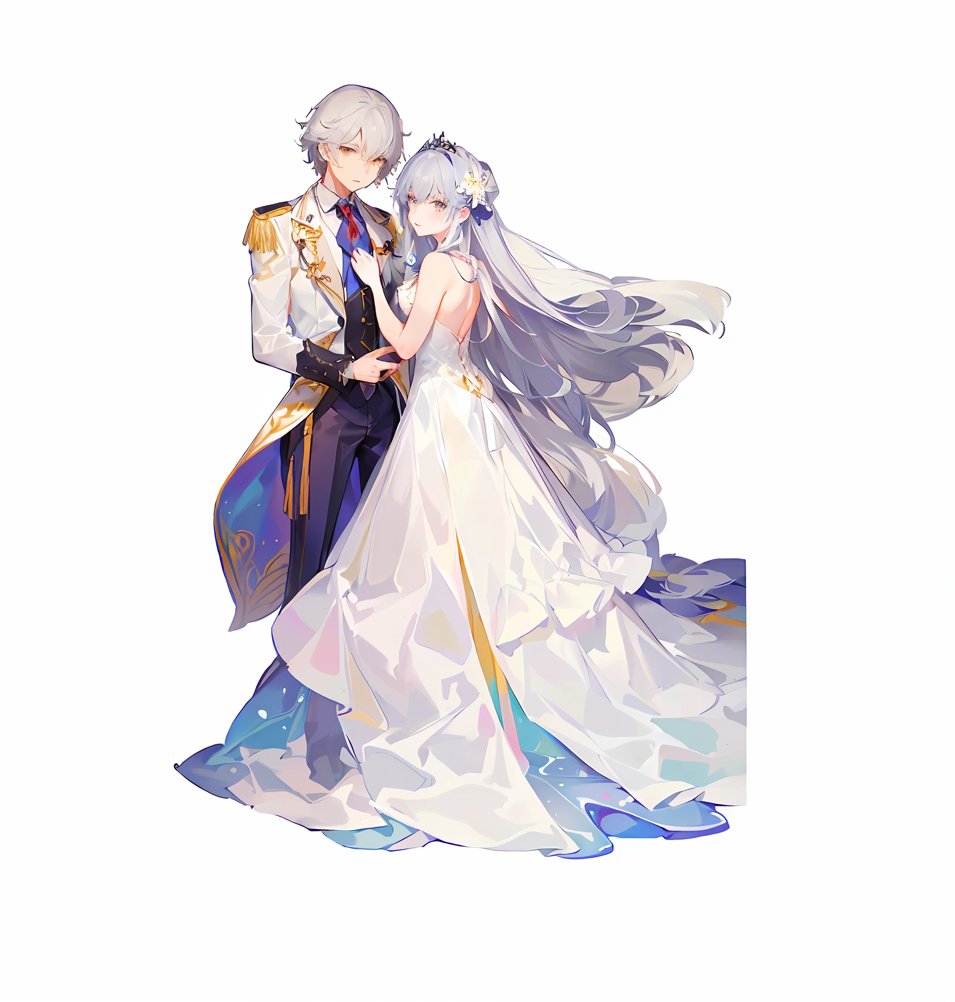 Anime image of a couple in formal clothes standing side by side, sakimichan and frank franzzeta, royal elegant pose, A scene from the《azur lane》videogame, 《azur lane》role, offcial art, fate grand order, Genshin, WLOP and Sakimichan, Official artwork, An elegant couple, no type, flowing white robe